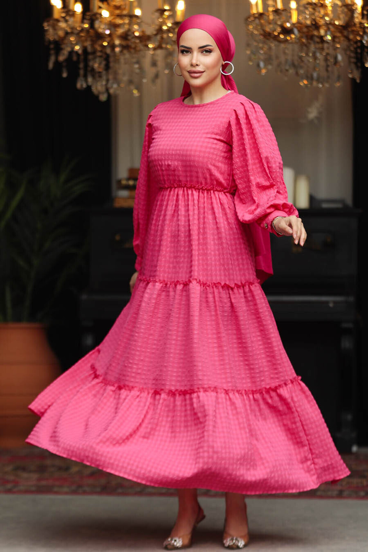 Neva Style-Fuchsia Hijab Dress with Folded Pleats 3033F 4
