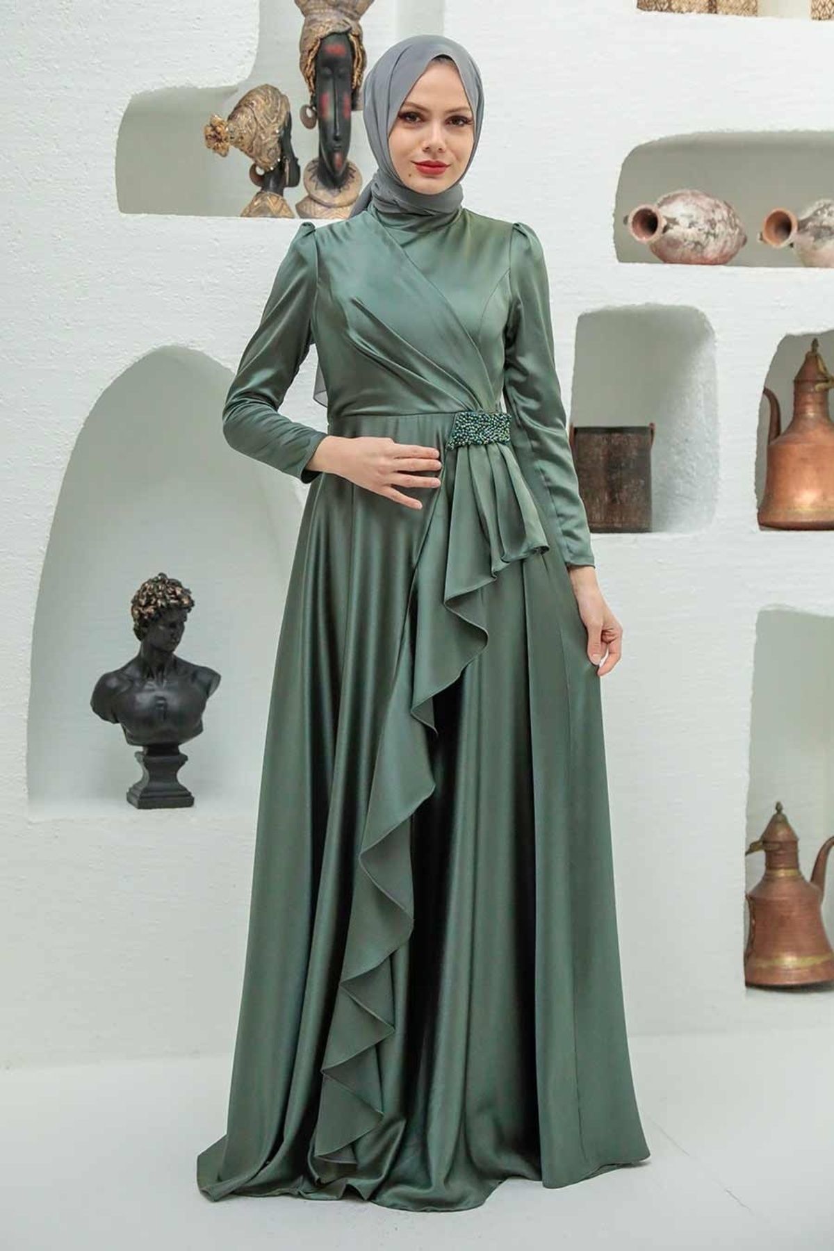 Neva Style-Flounced Khaki Hijab Evening Dress 22431Hk 1