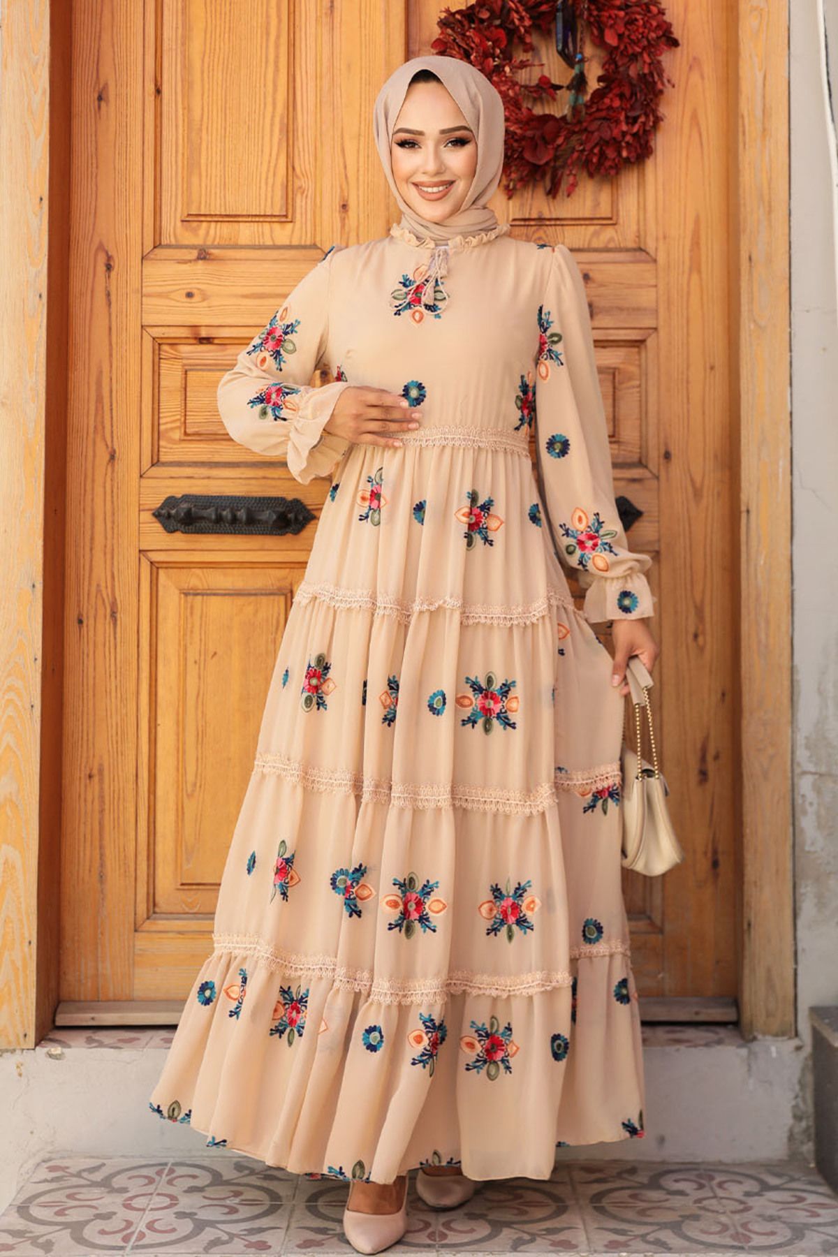Neva Style-Beige Hijab Dress - Embroidery Pattern, Model 45541BEIGE 2
