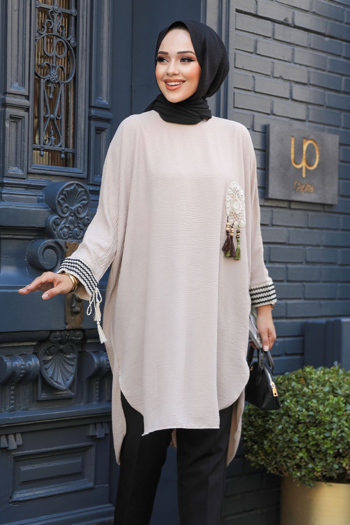 Neva Style-Beige Hijab Tunic - Tassel Detailed, Model 651BEIGE 3