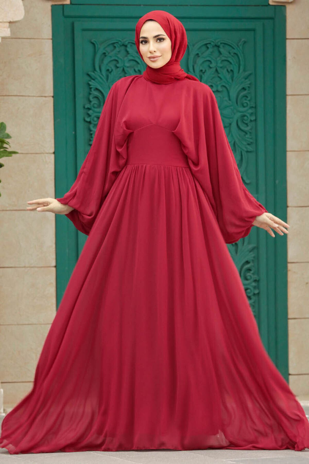 Neva Style-Rochie de seara hijab rosie cu maneca balon 60681k 1