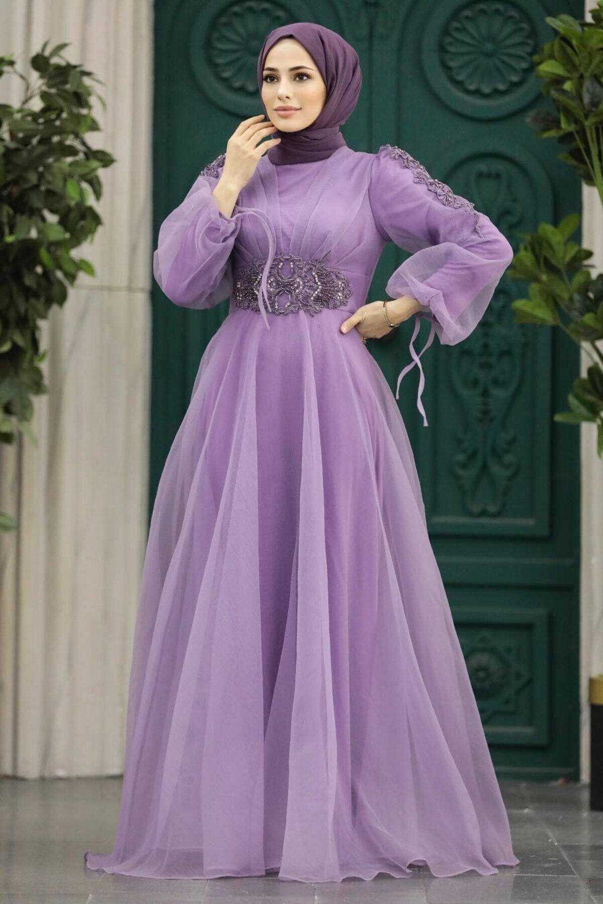 Neva Style-Beaded Detailed Lilac Hijab Evening Dress 2249Lıla 2