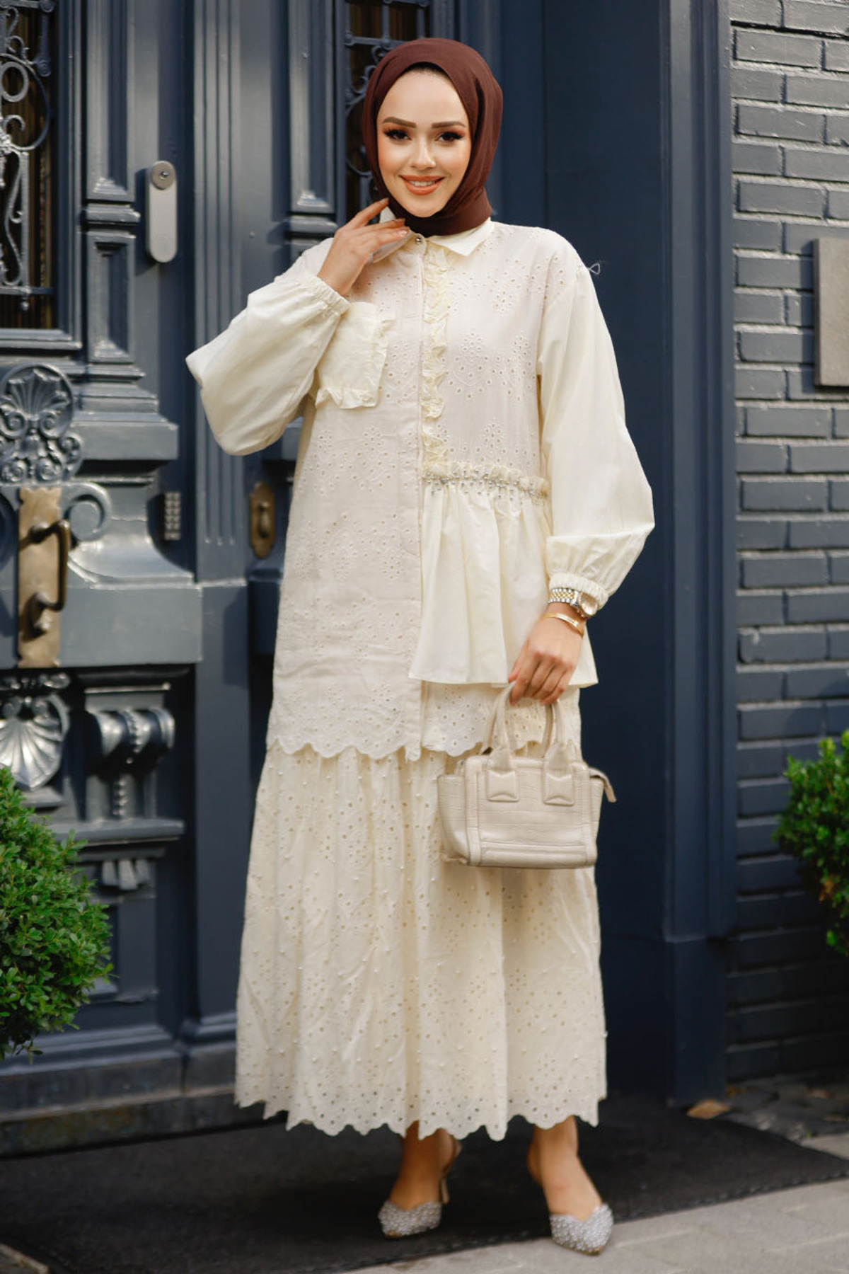 Neva Style-Tunica Hijab cu dantela bej - 14261BEJ 5