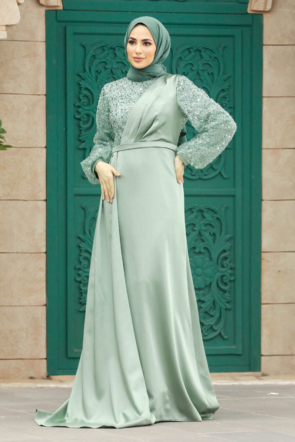Neva Style-Sequin Embroidered Çağla Yeşilitesettür Evening Dress 2311Cy 2