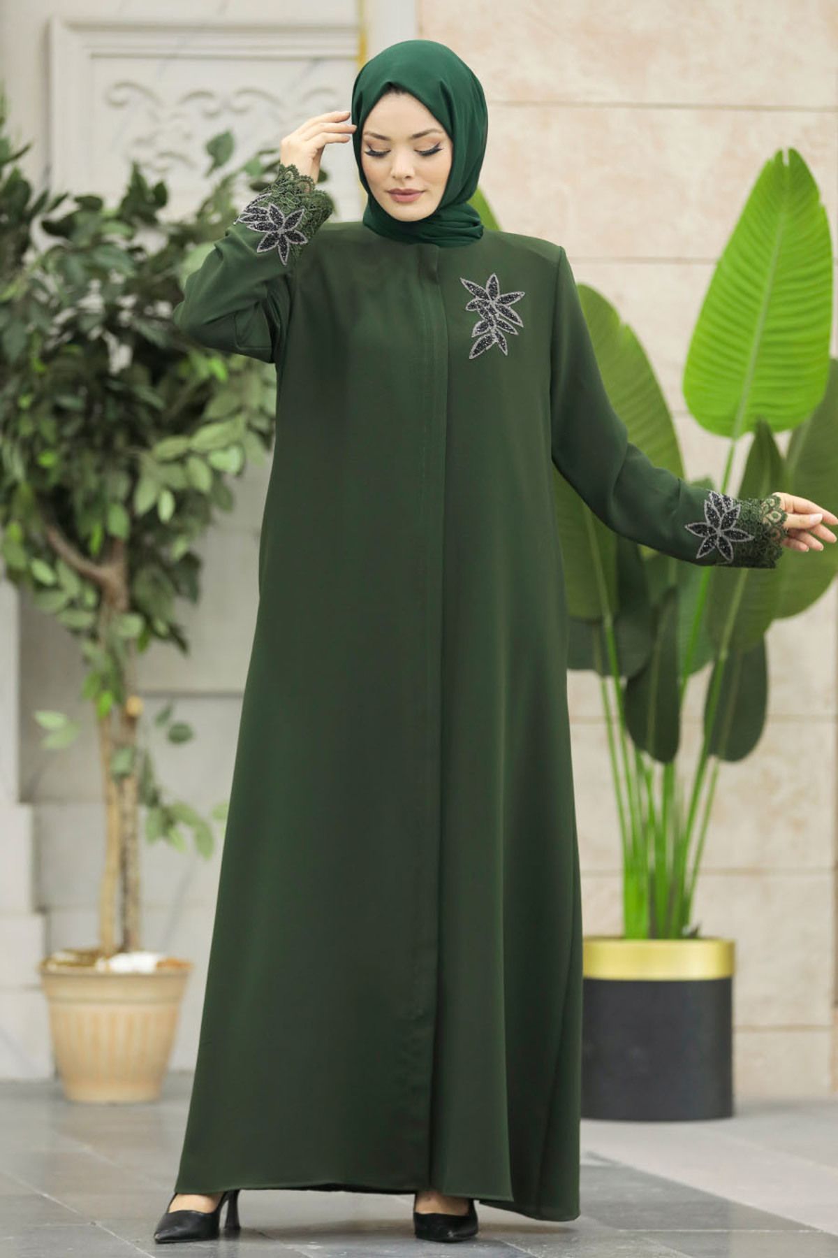 Neva Style-Flower Detailed Khaki Hijab Ferace 62533Hk 4