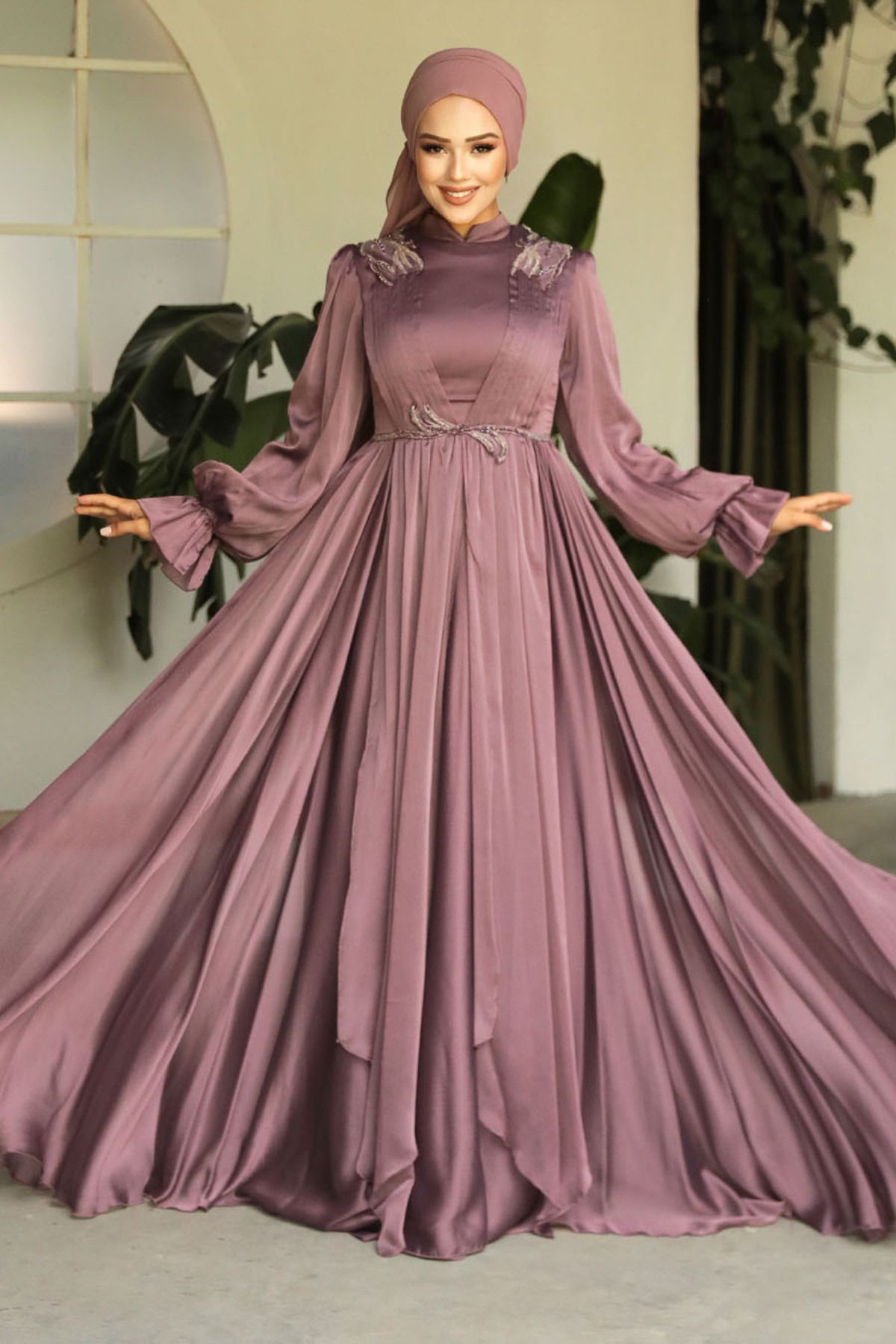 Neva Style-Βραδινό φόρεμα Hijab με μανίκια μπαλόνι καφέ 21910kh 1