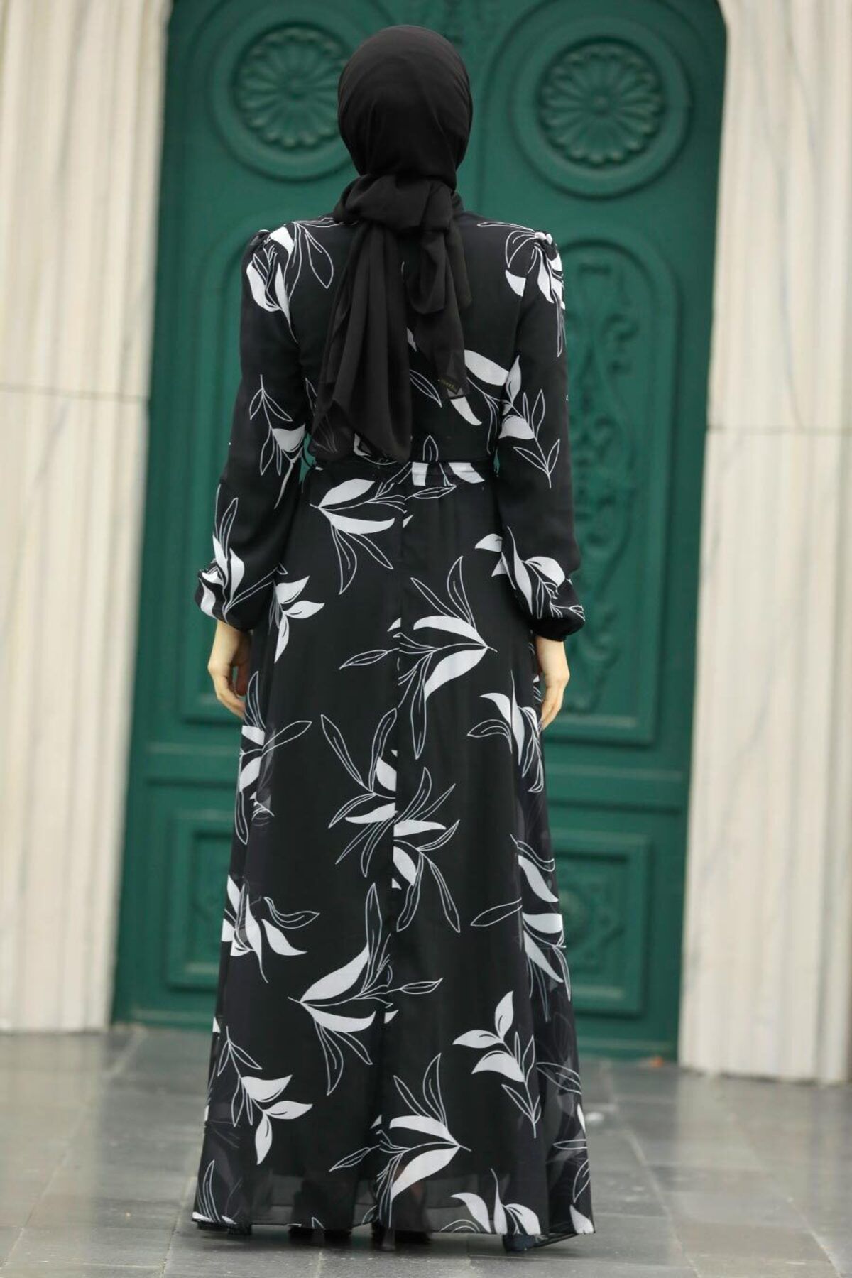 Neva Style-Leaf Patterned Gray Hijab Dress 279315 Gr 3