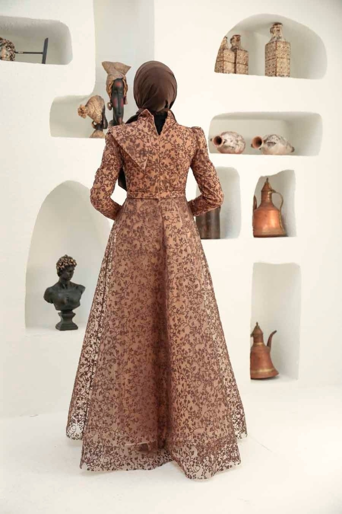 Neva Style-Lacy Brown Hijab Evening Dress 22421Kh 3