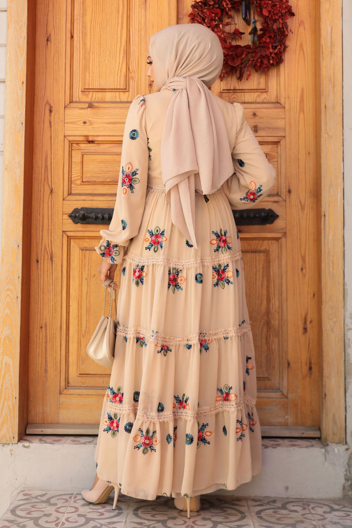 Neva Style-Beige Hijab Dress - Embroidery Pattern, Model 45541BEIGE 4