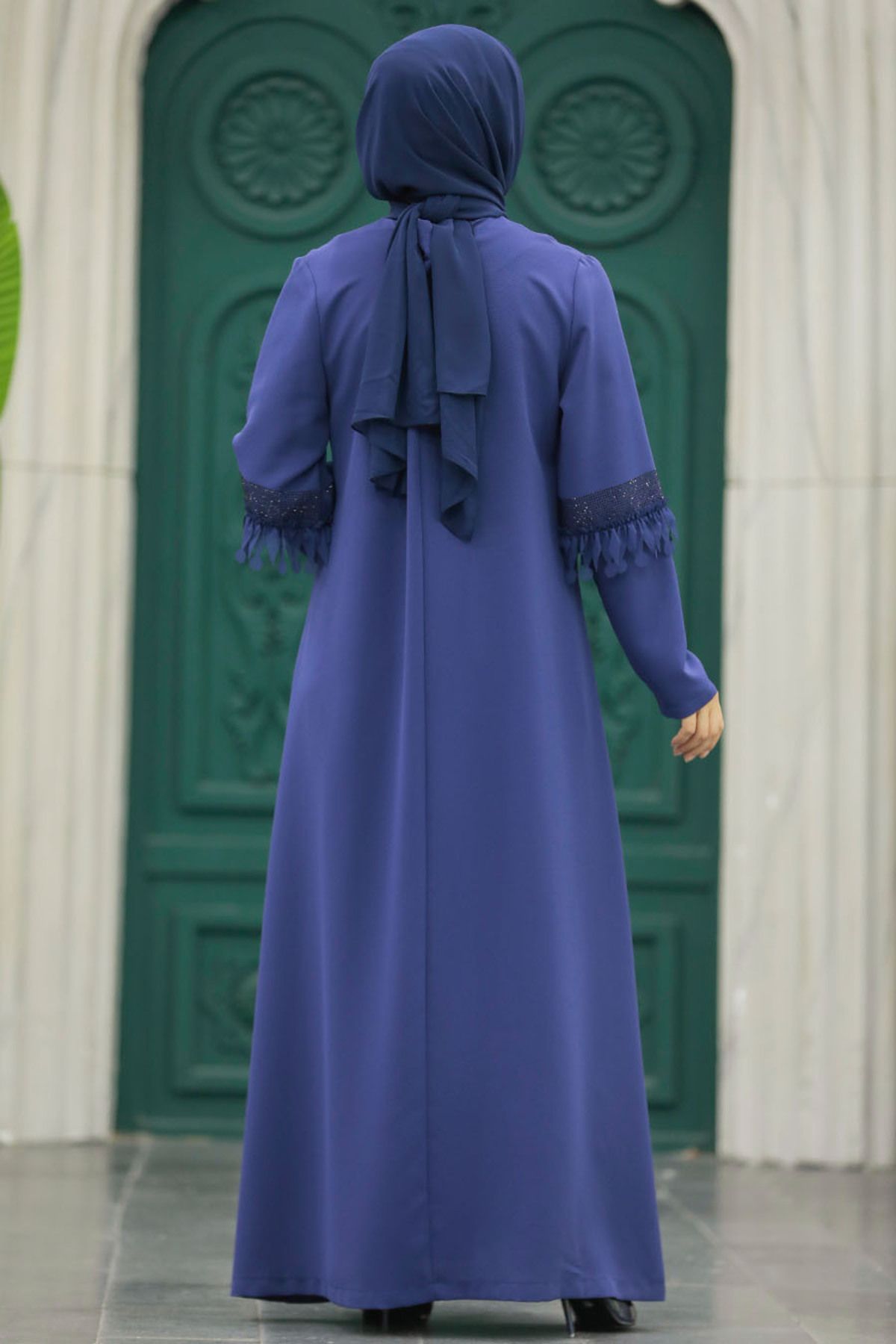 Neva Style-Μανίκια Λεπτομερής Indigo Blue Hijab Ferace 10021ım 4