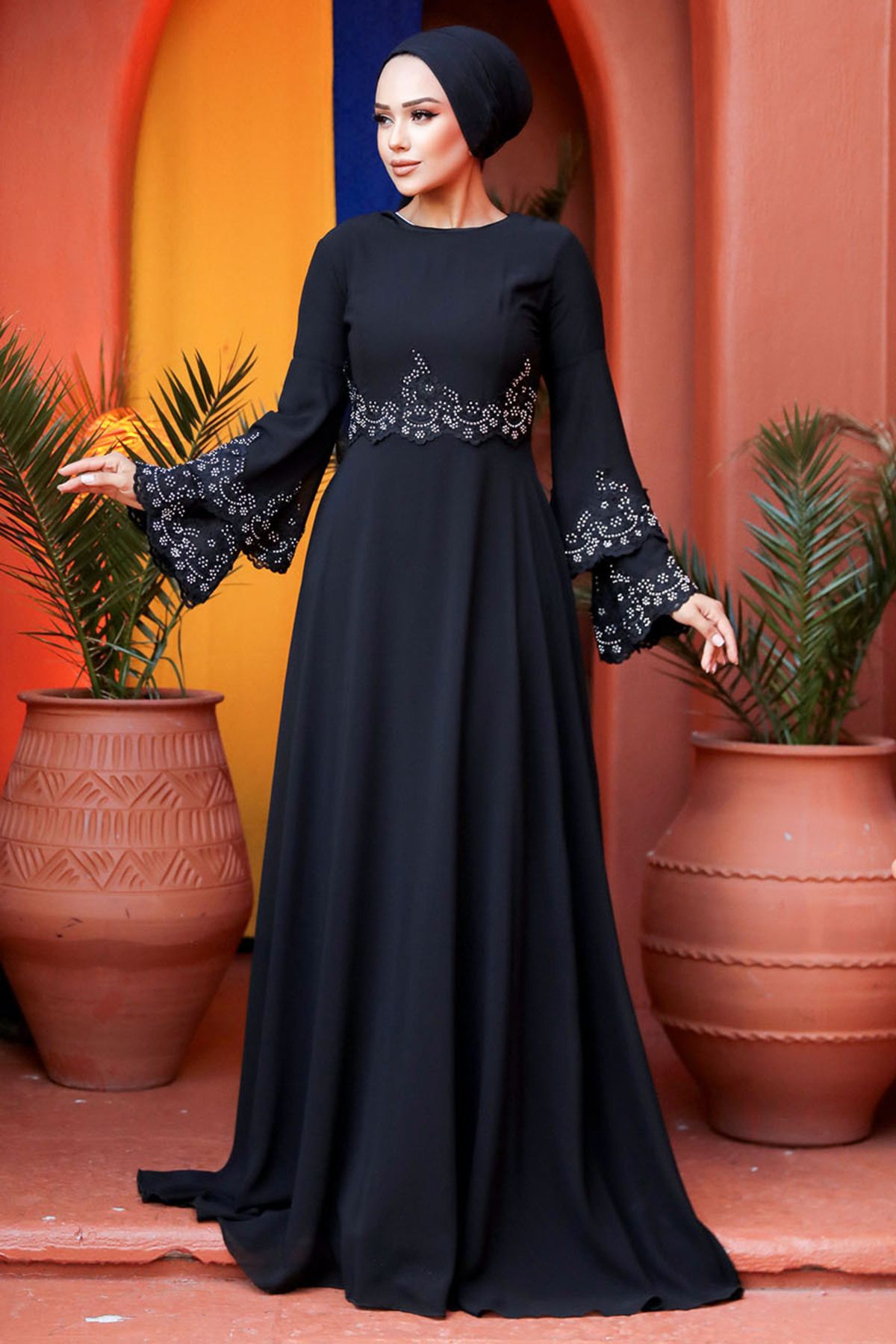 Neva Style-Βραδινό φόρεμα με χάντρες μαύρο Hijab 9181s 3