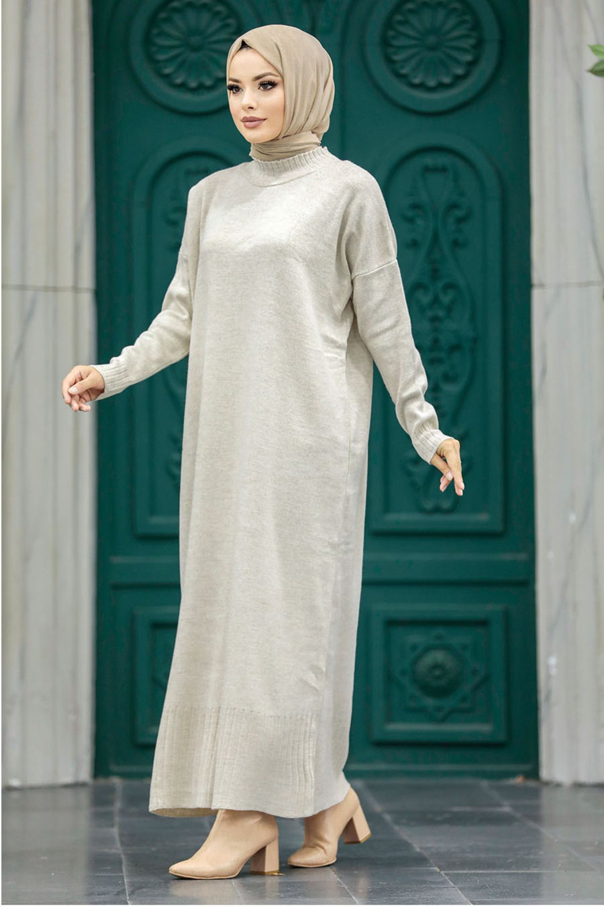 Neva Style-فستان تريكو حجاب بيج 3409بيج 1