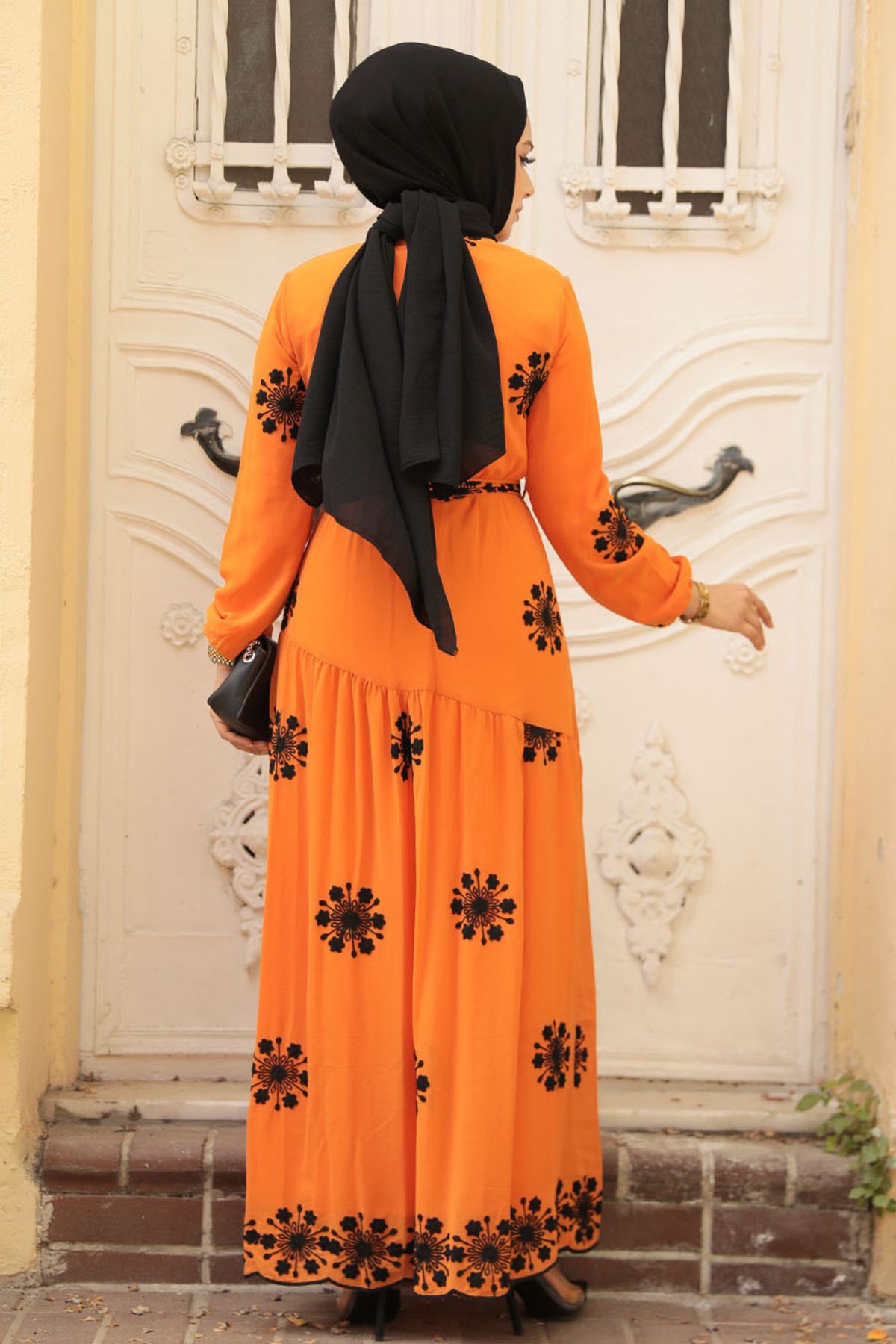 Neva Style-Rochie hijab portocalie cu modele florale 1332t 4