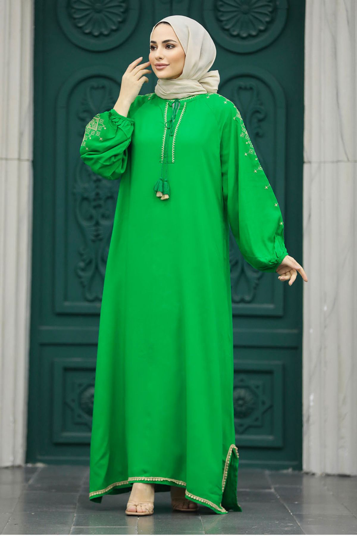 Neva Style-Green Hijab Dress with Embroidery Pattern on Sleeves 40050Y 3