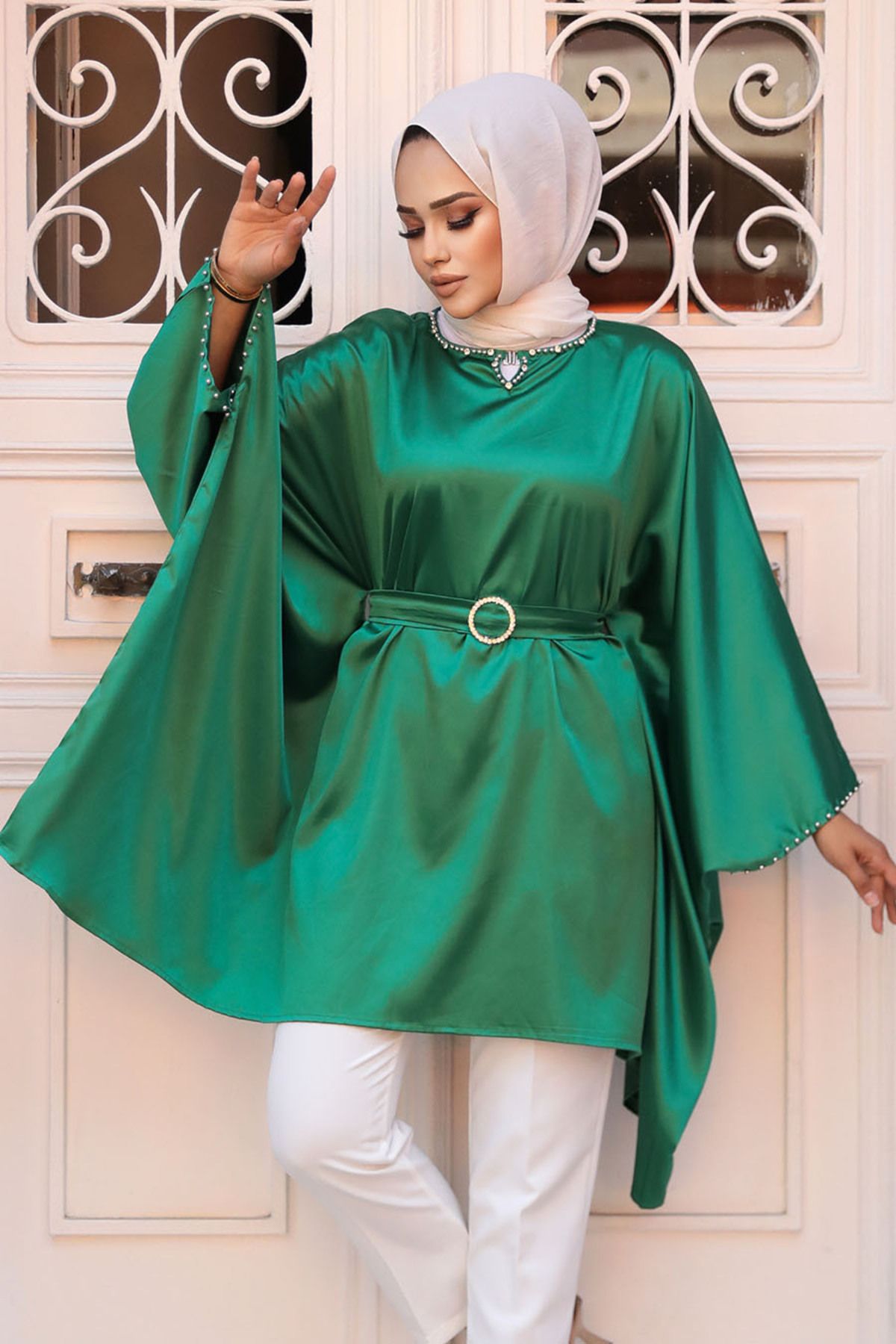 Neva Style-تونيك من الساتان الأخضر - كم خفاش، حجاب، 41443Y 2