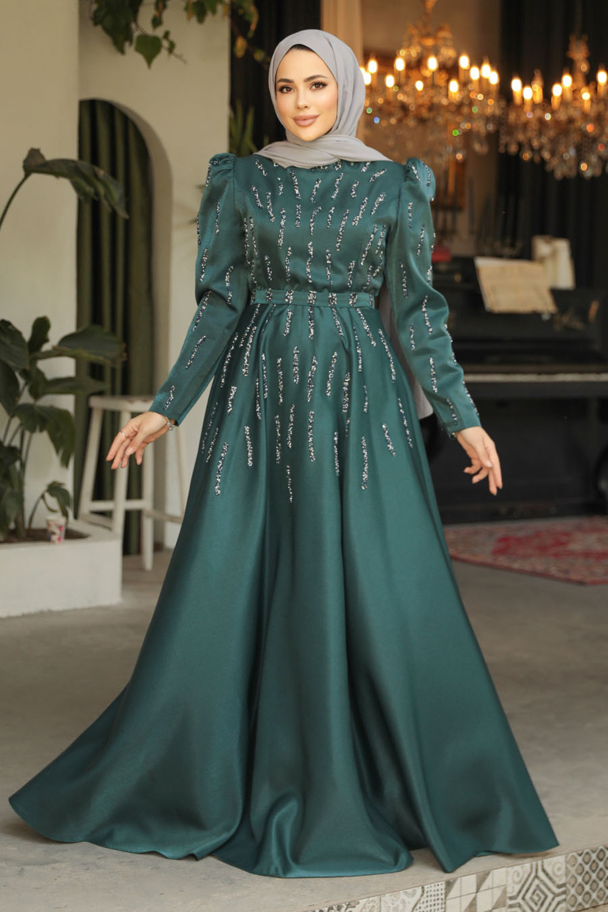 Neva Style Bead Embroidered Emerald Green Hijab Evening Dress 51891Zy-  Trendyol