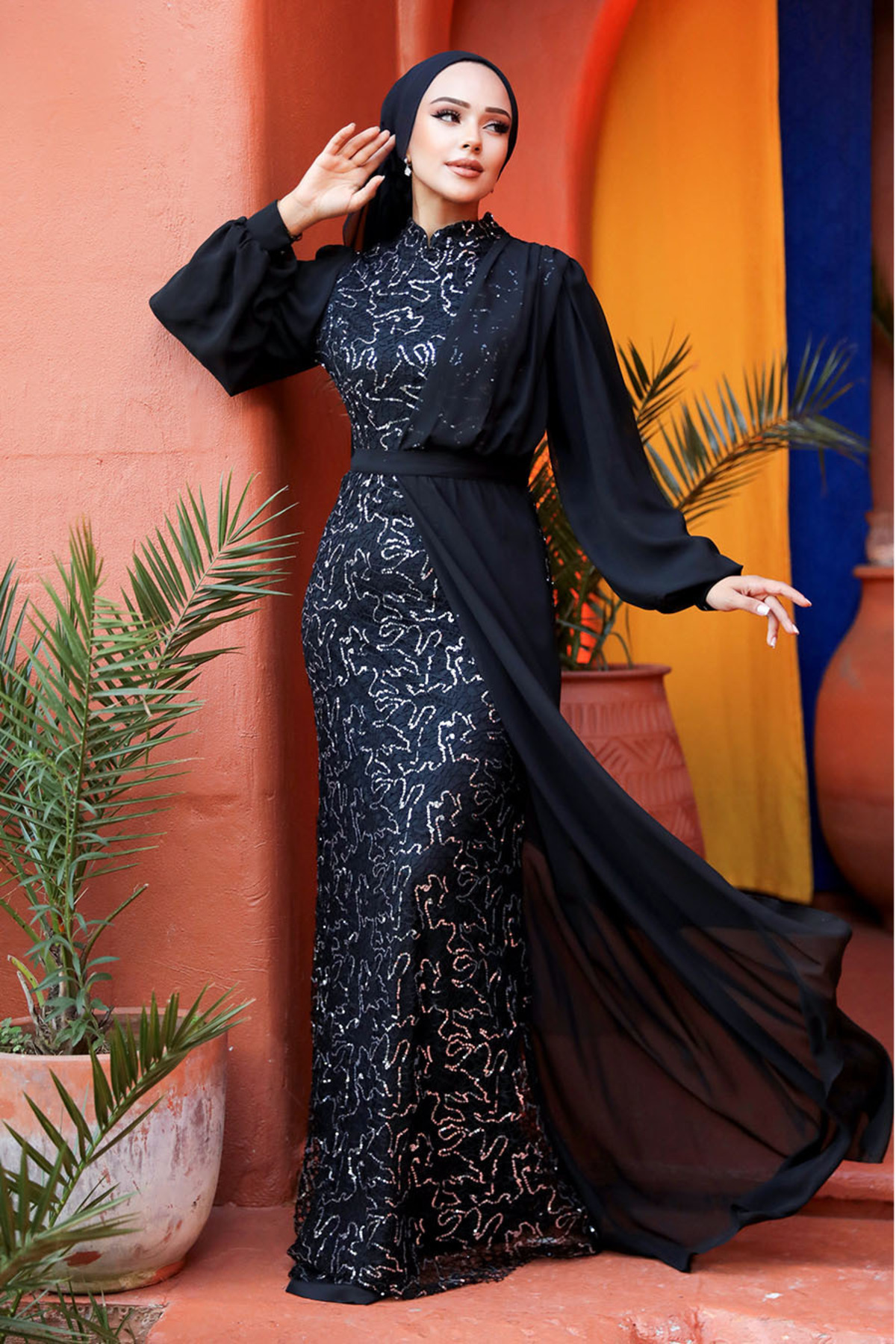 Neva Style-Rochie de seară hijab argintiu cu paiete cu paiete din șifon 5516 g 3