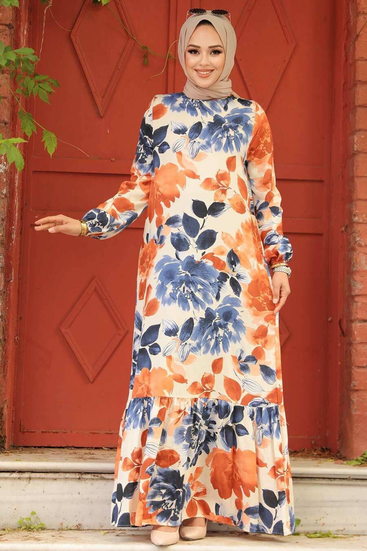 Neva Style-Brick Colored Hijab Dress - Patterned, Model No: 15729KRMT 2