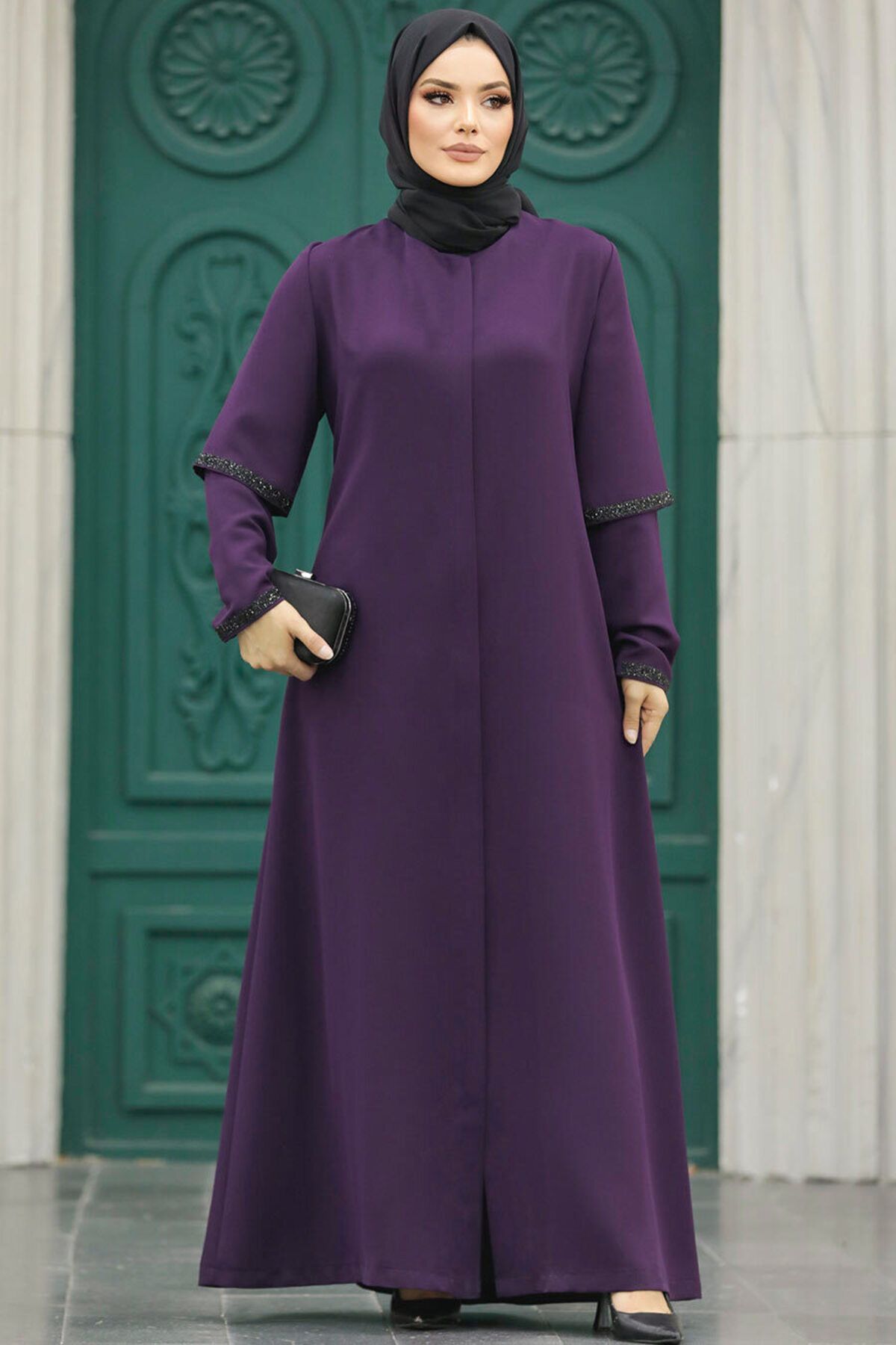 Neva Style-Hijab prune cu detaliu pe mâneci Ferace 10091mu 2