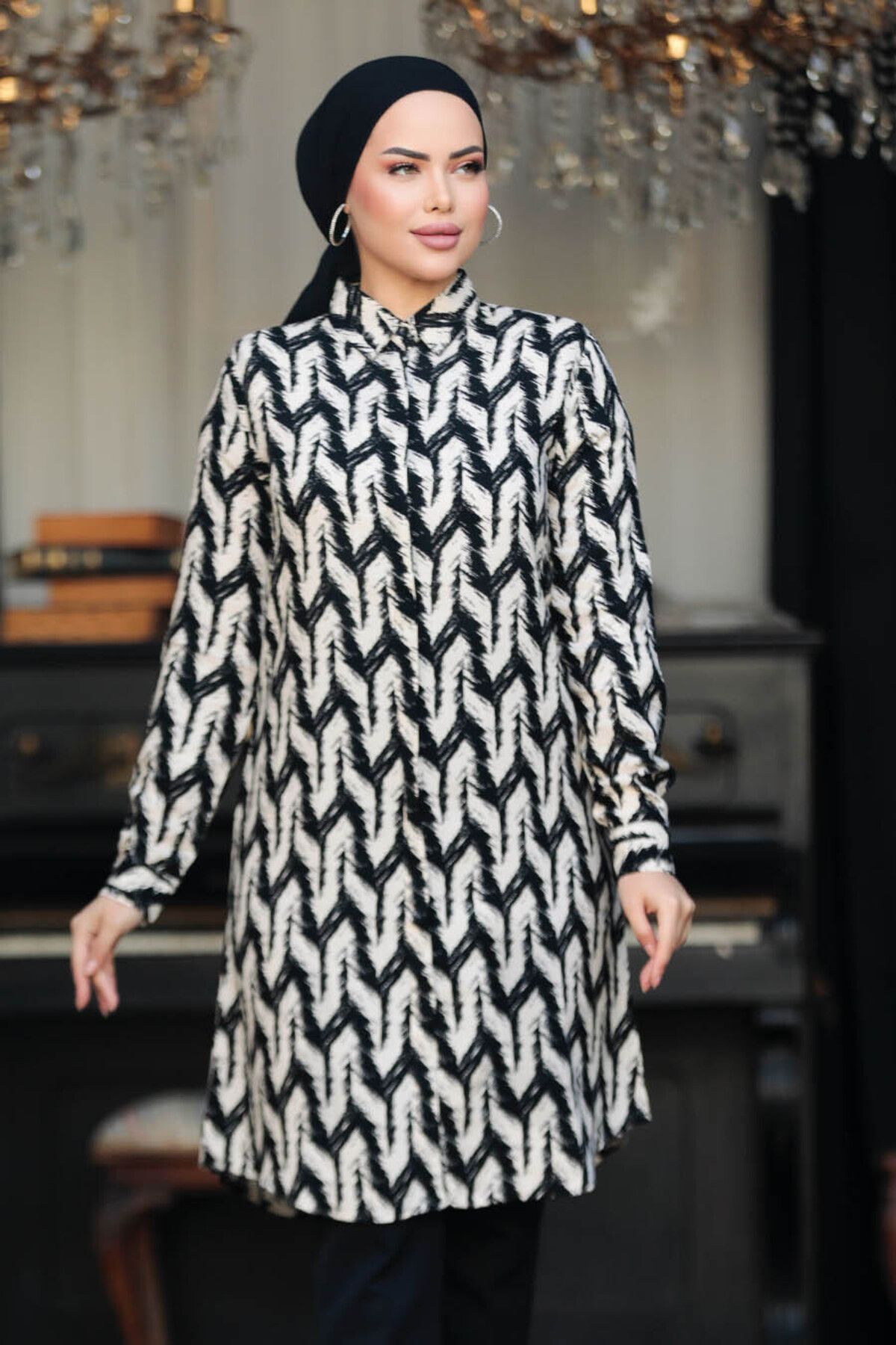 Neva Style-Patterned Black Hijab Viscose Tunic 11674S 3