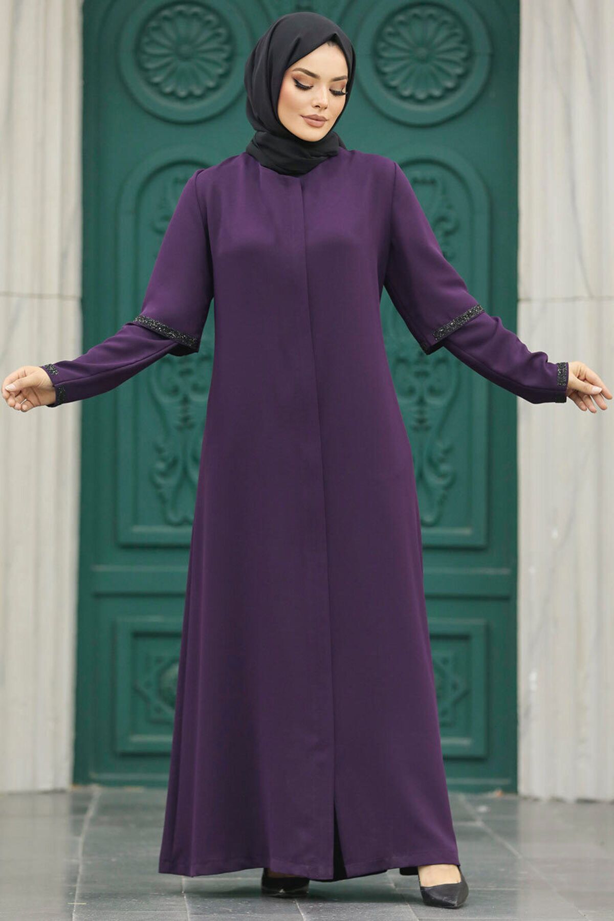 Neva Style-Hijab prune cu detaliu pe mâneci Ferace 10091mu 1