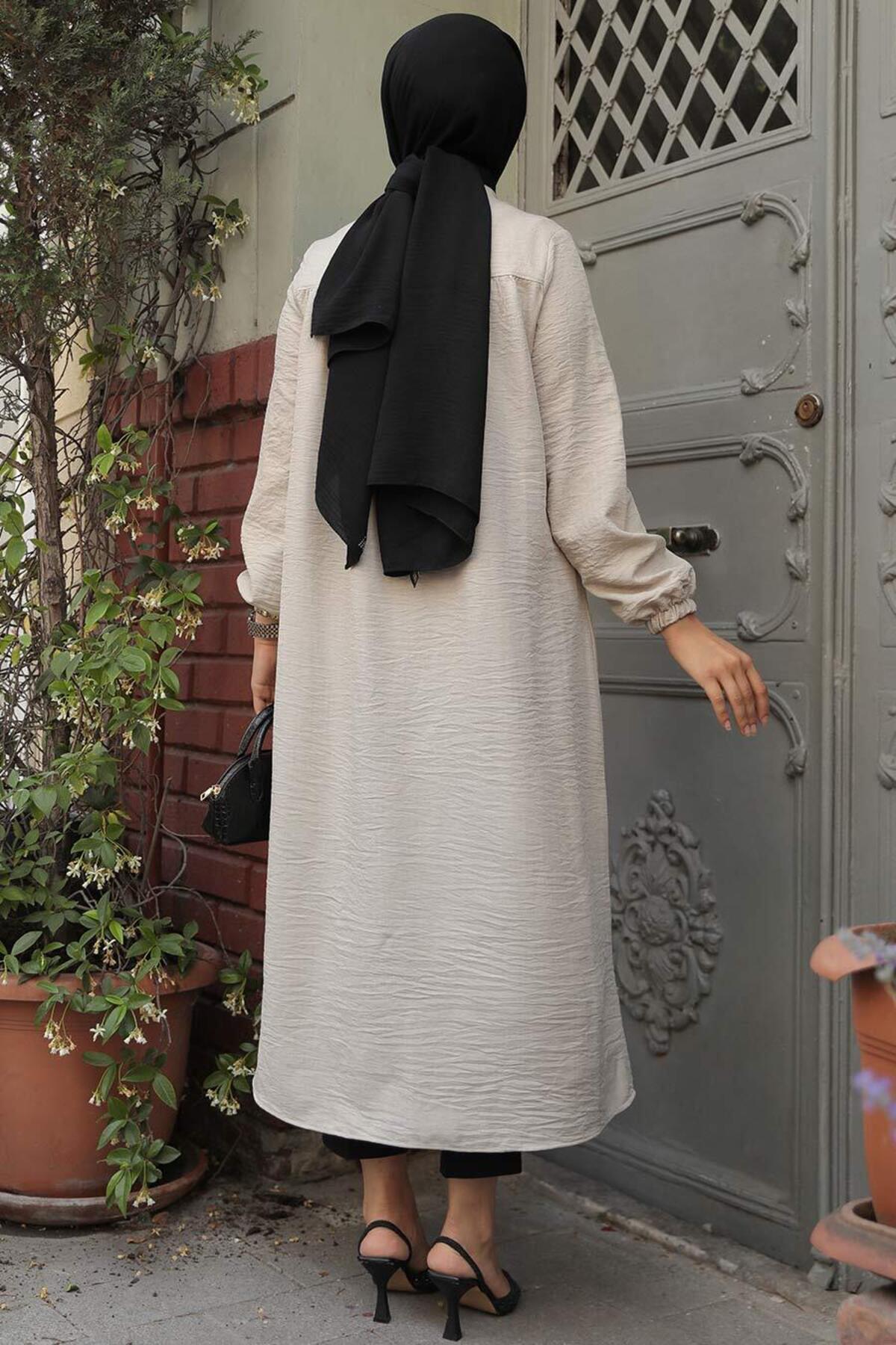 Neva Style-تونيك حجاب بأزرار بيج - 5642BEIGE 3