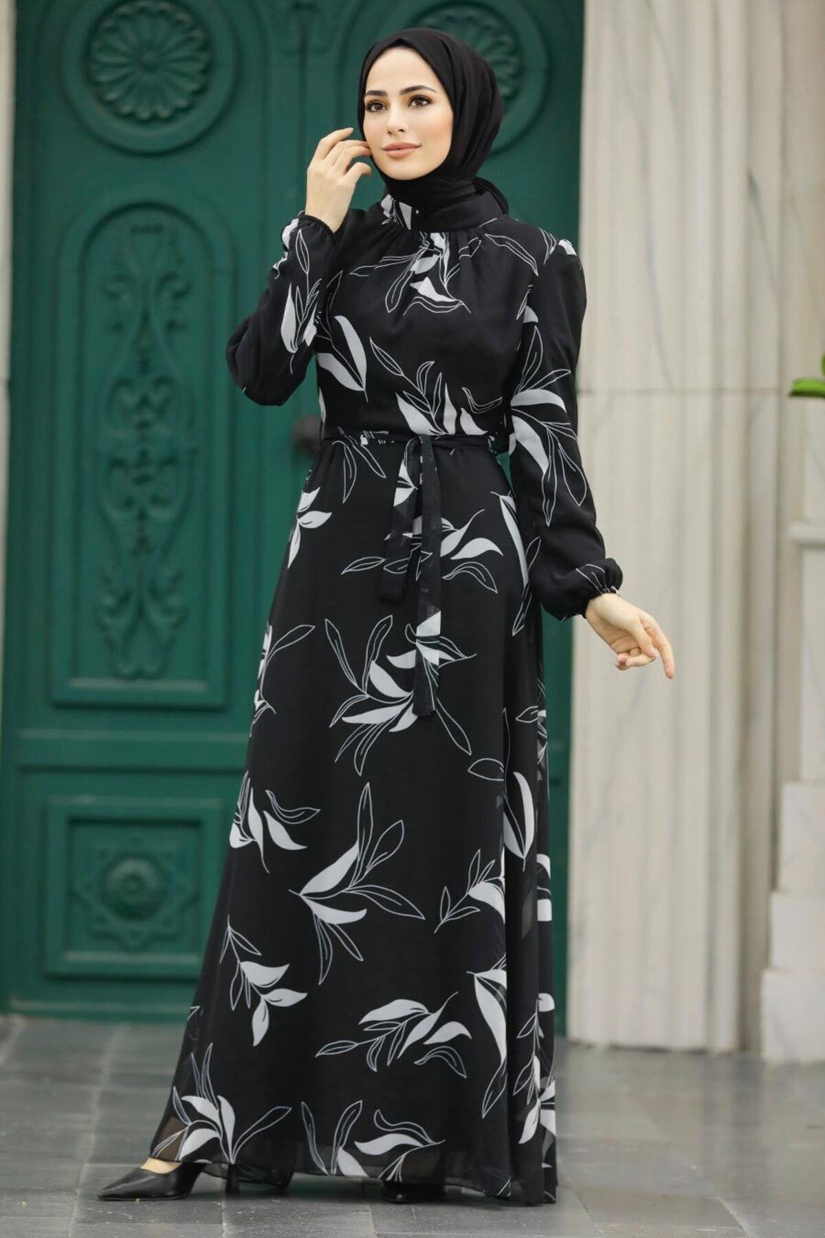 Neva Style-Leaf Patterned Gray Hijab Dress 279315 Gr 2