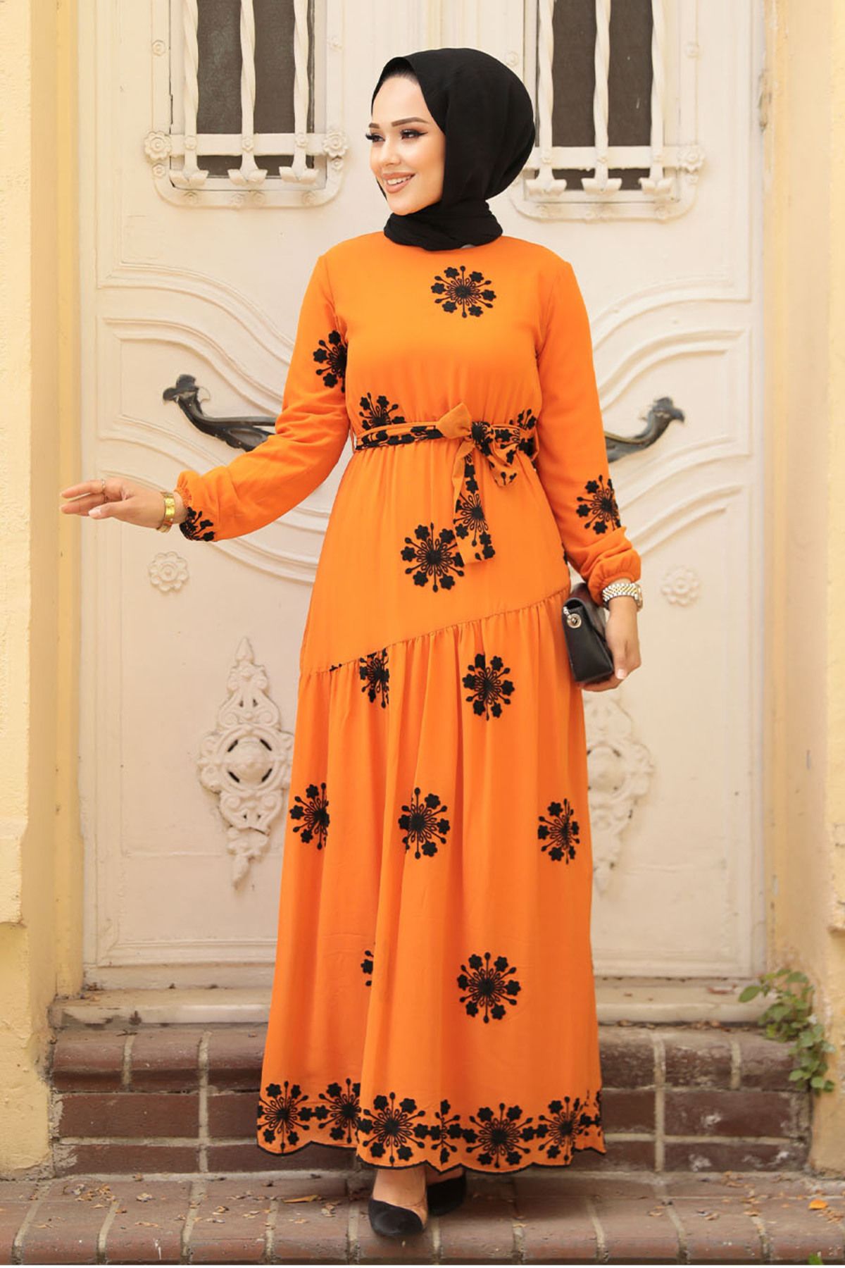 Neva Style-Rochie hijab portocalie cu modele florale 1332t 2