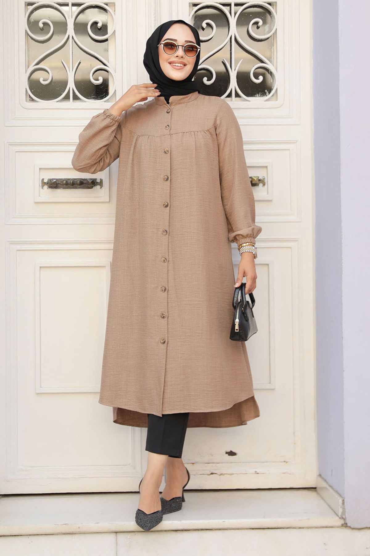 Neva Style-Camel Hijab Tunic - Buttoned, Model 5642C 1