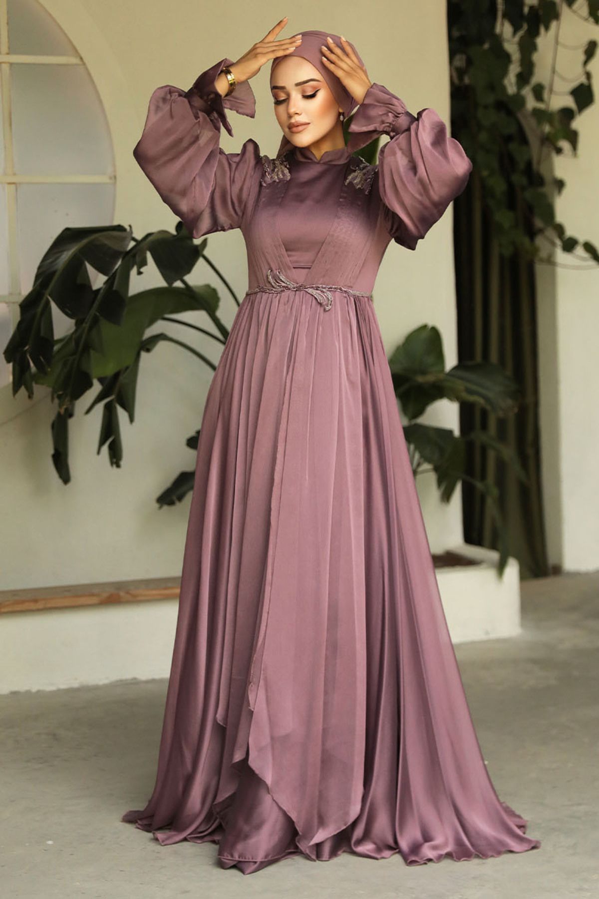 Neva Style-Βραδινό φόρεμα Hijab με μανίκια μπαλόνι καφέ 21910kh 3