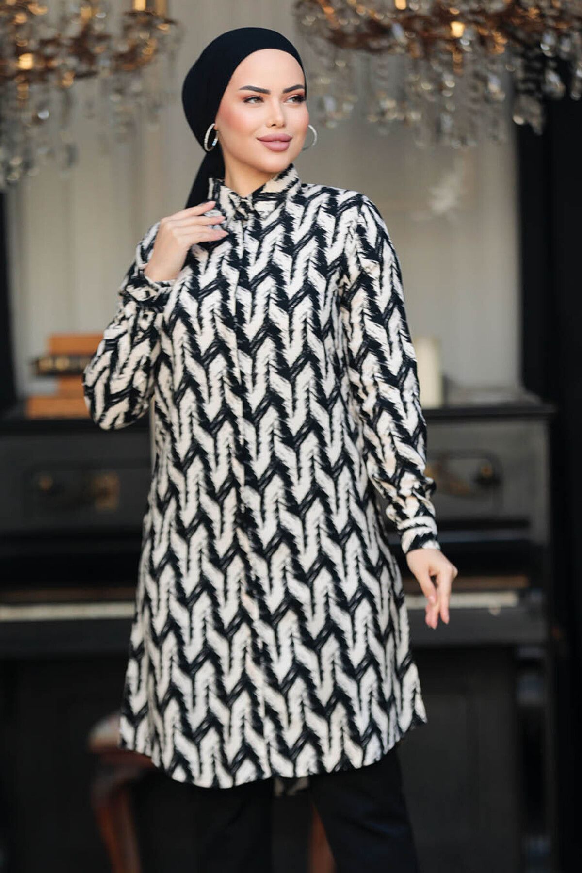 Neva Style-Patterned Black Hijab Viscose Tunic 11674S 2