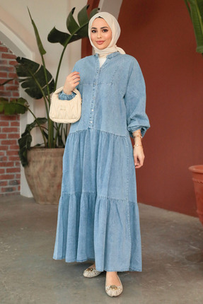 Neva Style Düğmeli Mavi Tesettür Kot Elbise 10622M
