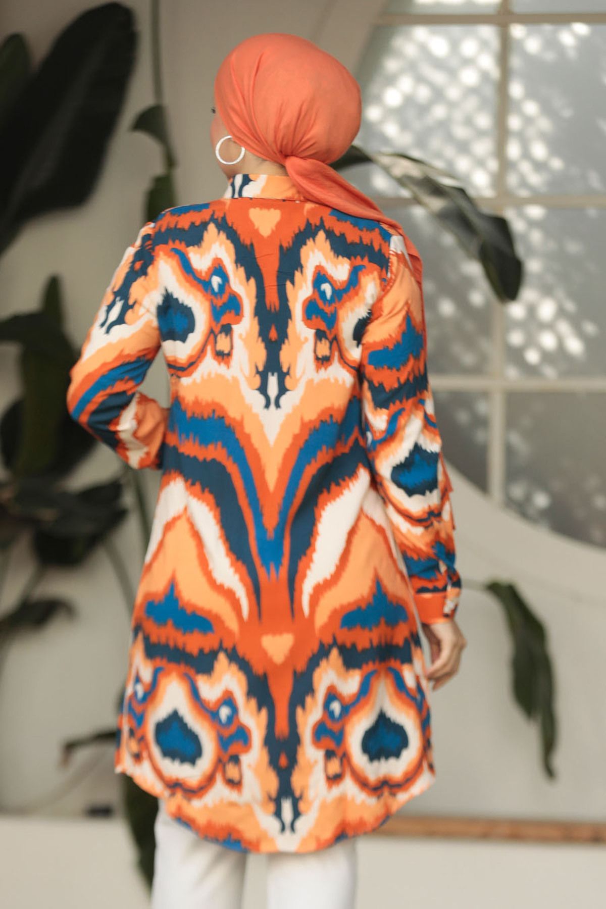 Neva Style-Patterned Orange Hijab Viscose Tunic 11671t 3