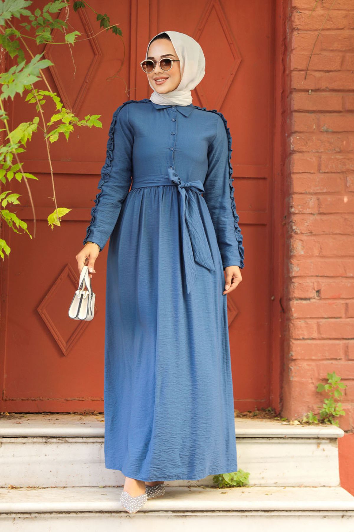 Neva Style-Indigo Blue Hijab Dress with Ruffle Sleeves 3434ım 3