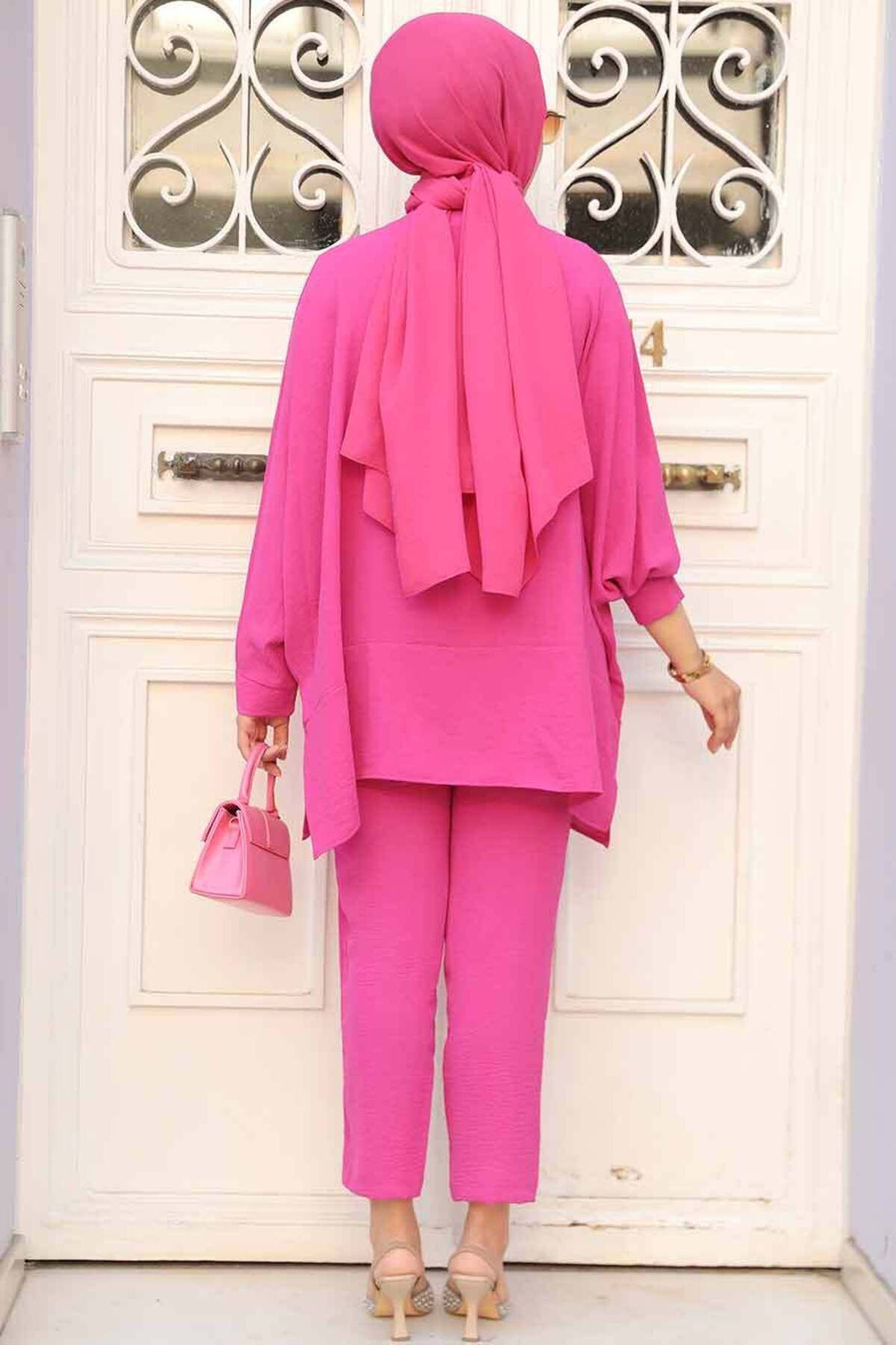 Neva Style-Fuchsia Hijab Double Set - Buttoned, 67751F 4