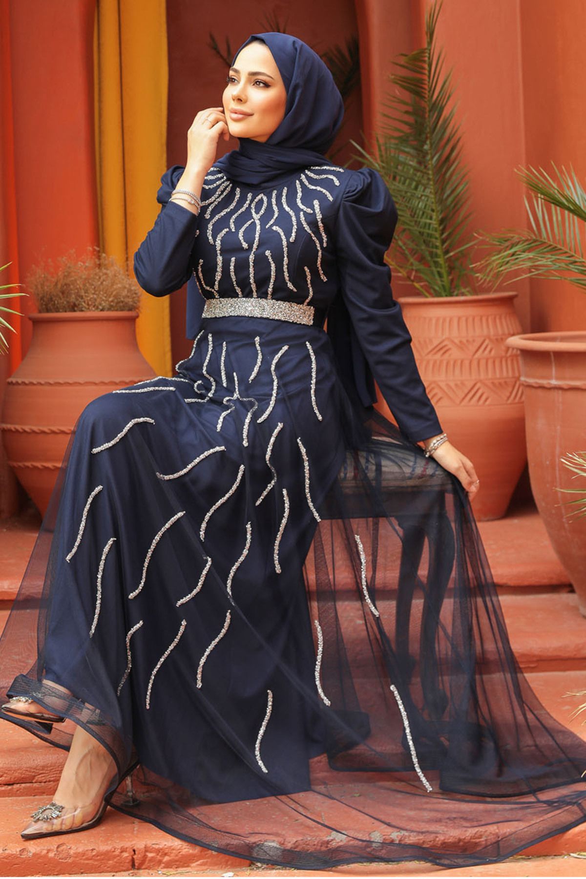 Neva Style-Beaded Navy Blue Hijab Evening Dress 51912L 4