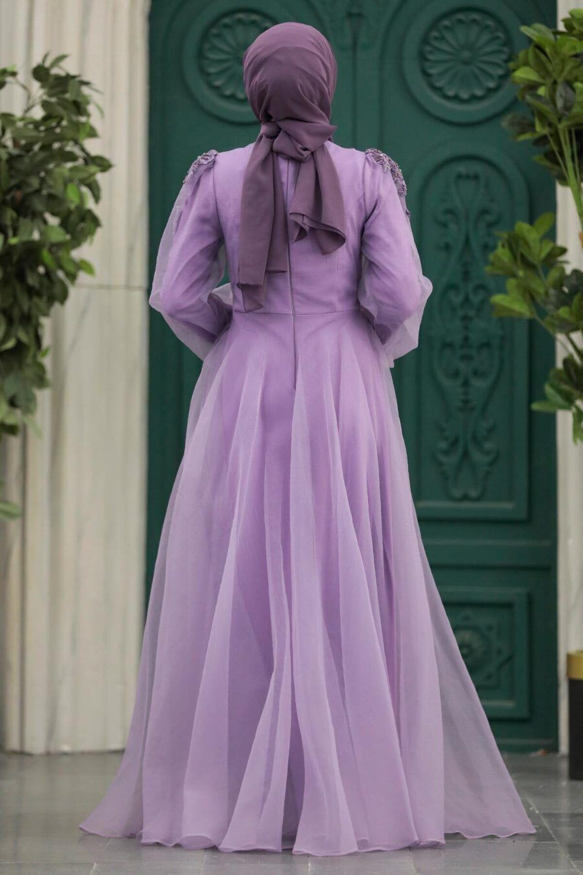 Neva Style-Beaded Detailed Lilac Hijab Evening Dress 2249Lıla 4