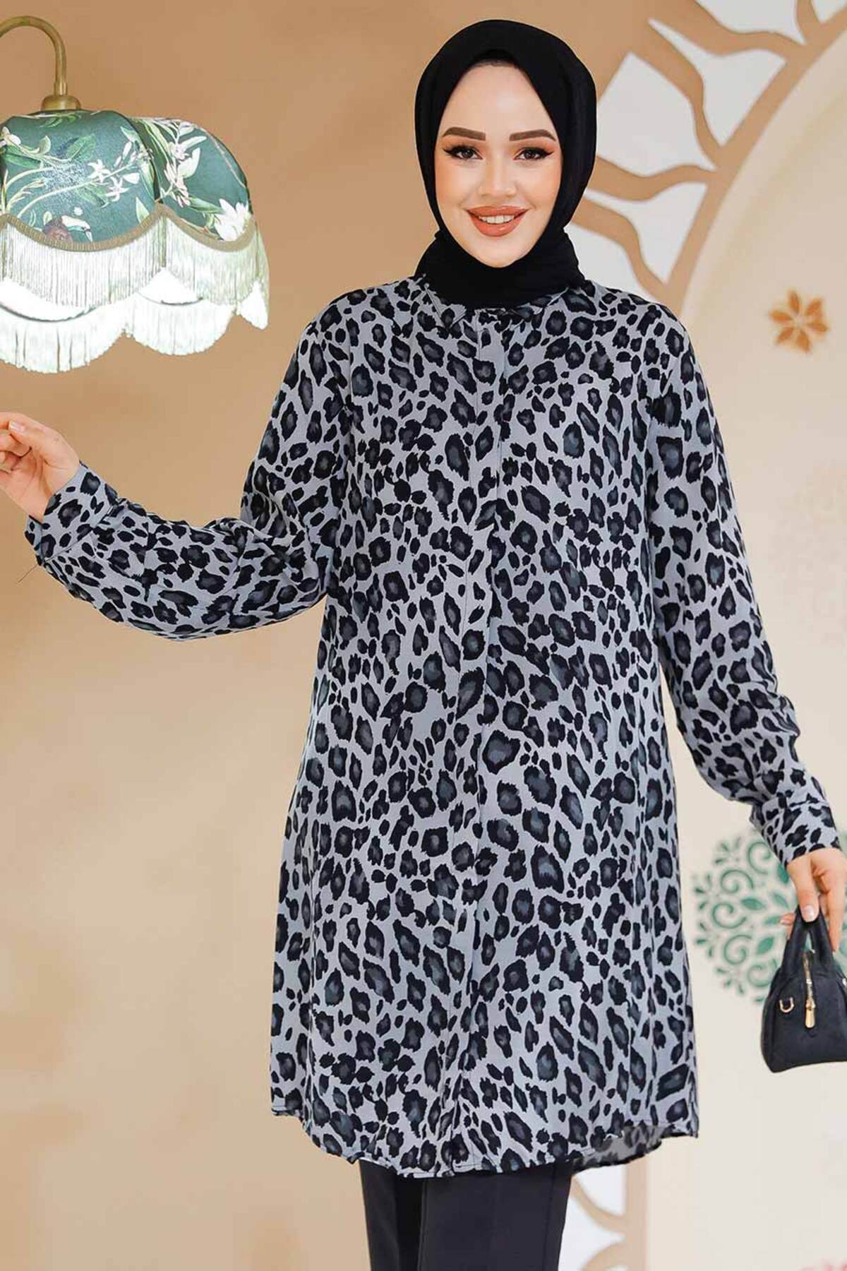Neva Style-Patterned Gray Hijab Tunic 11716Gr 1