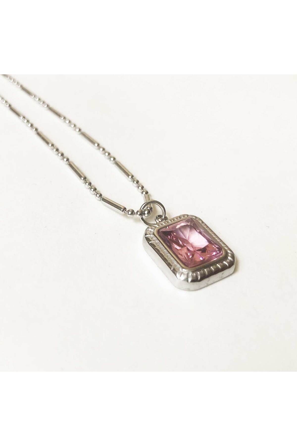 Kensky Pembe Taşlı Gümüş Renkli Kolye