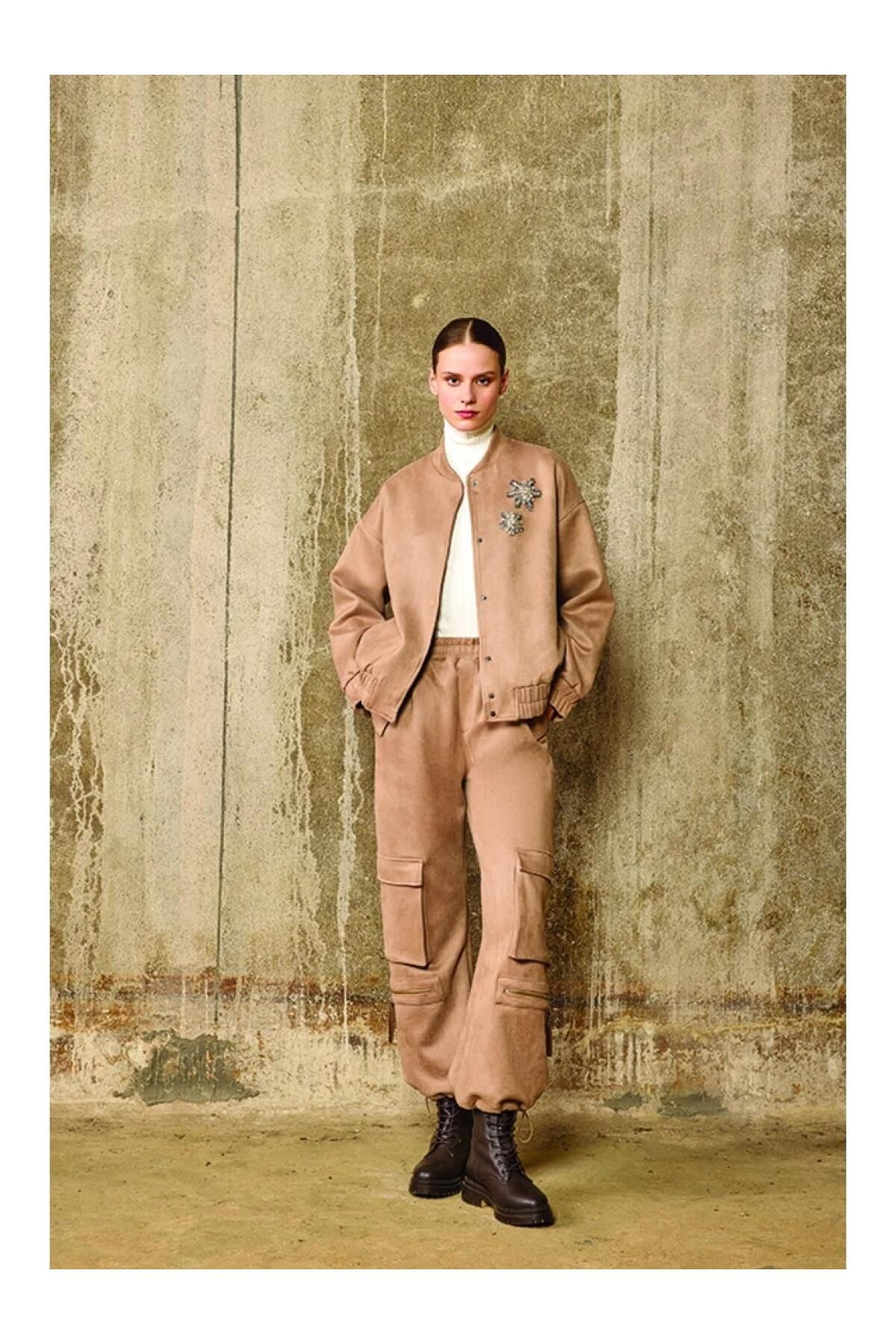 Unique-Beige Suede Bomber Jacket 1