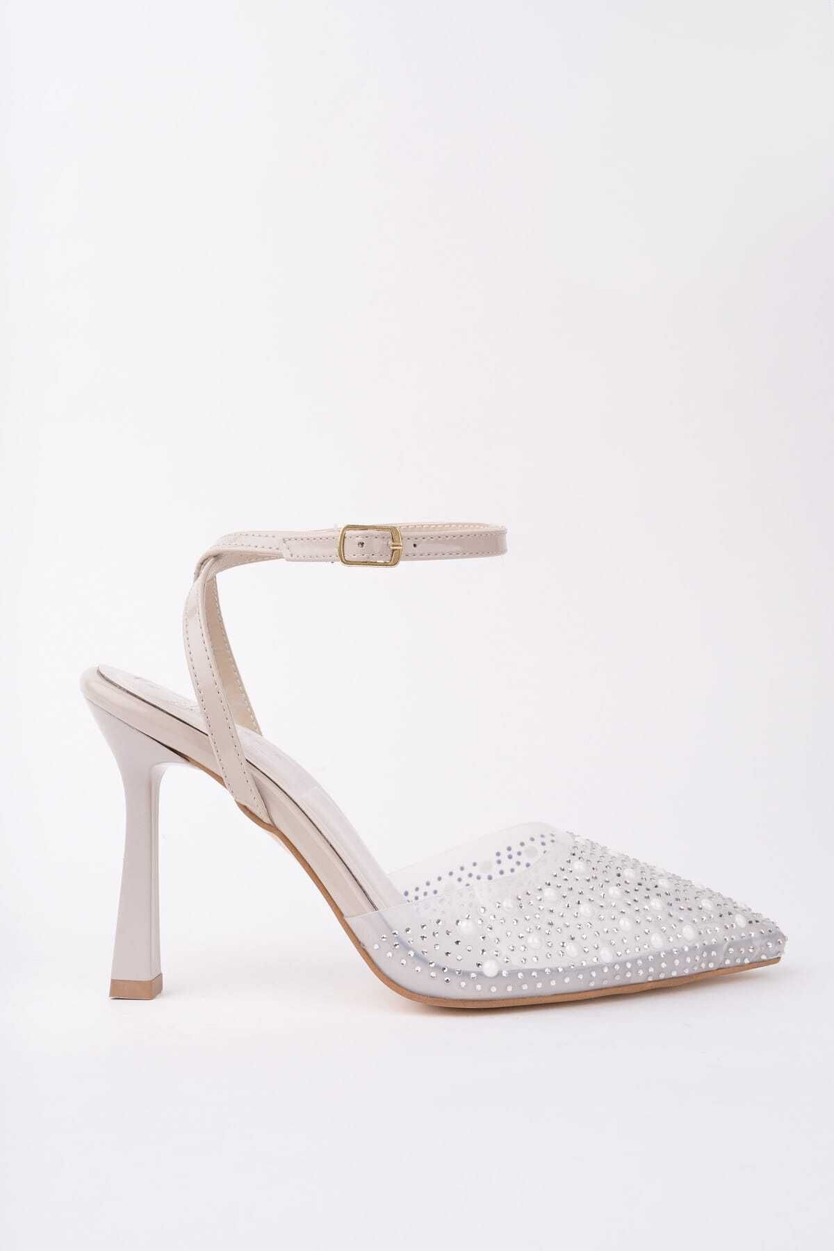 CİMİLİ SHOES-Women's Beige Patent Leather Pearl Transparent Women's Thin Heeled Evening Dress Shoes 2