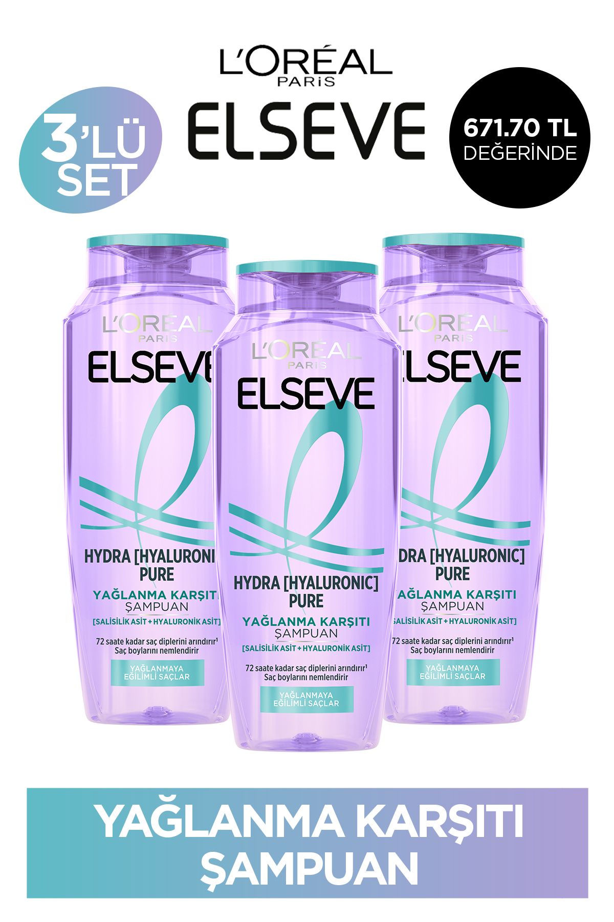 شامپو مرطوب کننده ضد روغن Hydra Pure با ست 3 عددی اسید سالیسیلیک Elseve