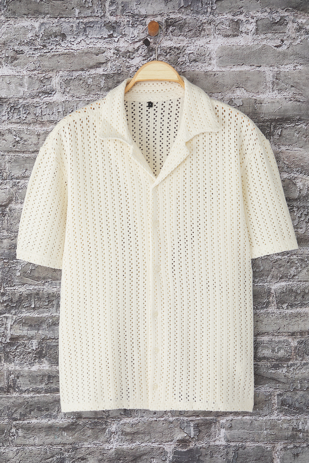 Edit by Trendyol-Ecru Oversize Fit Apaş límečkový úplet, košile s krátkým rukávem 1