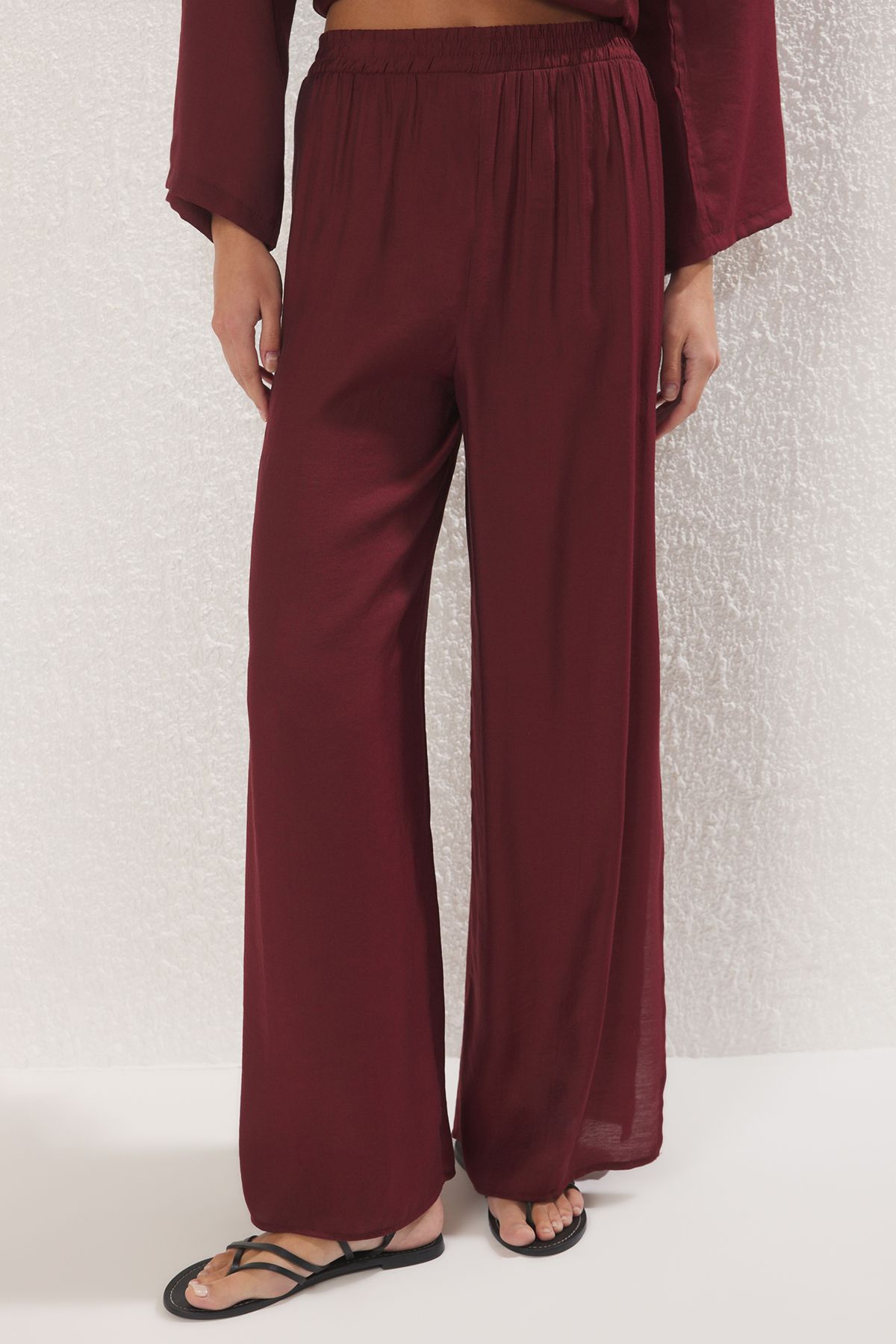 Trendyol Collection-Linen Blended Trousers - Burgundy Beach Set Tbess25Au00007 3