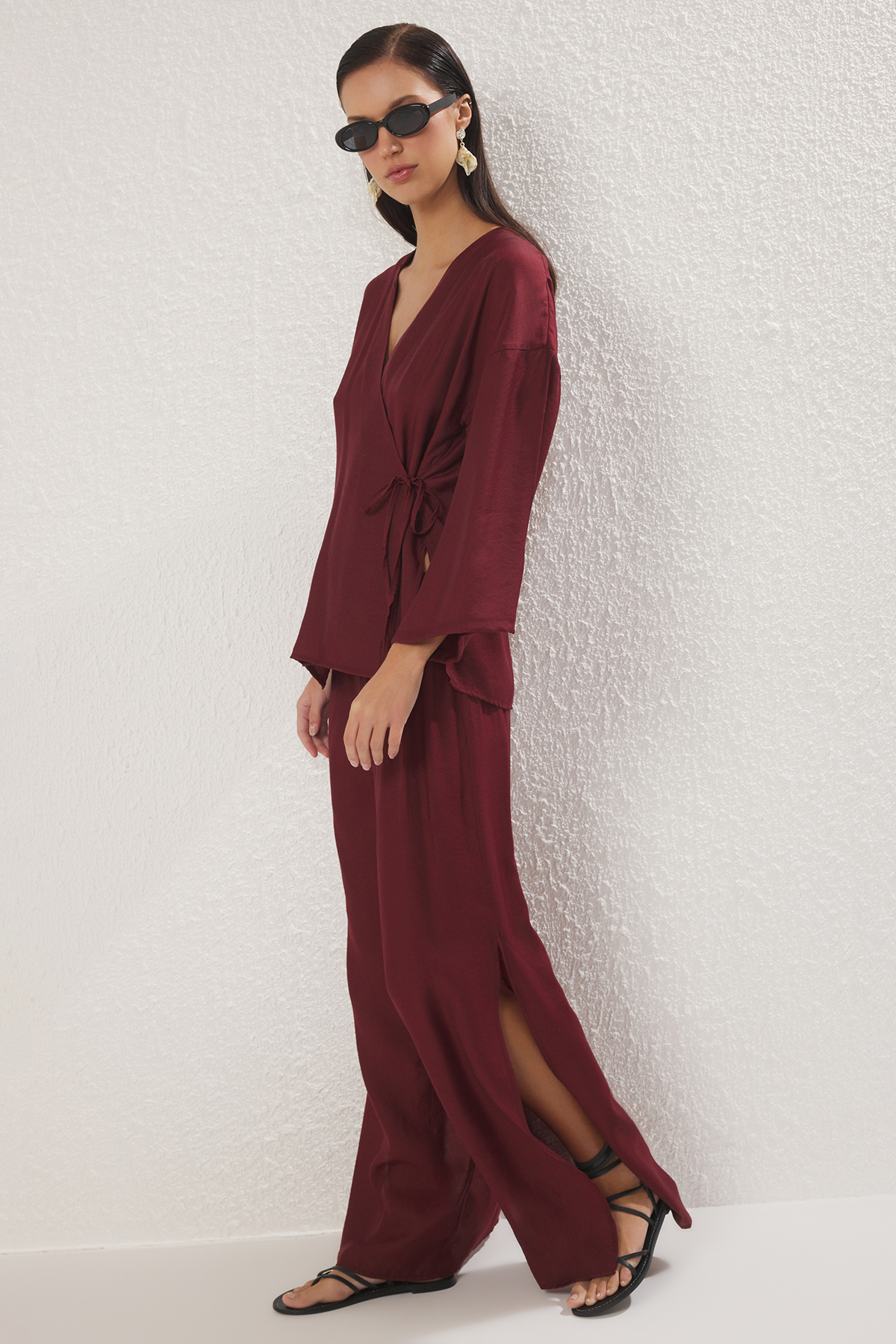 Trendyol Collection-Linen Blended Trousers - Burgundy Beach Set Tbess25Au00007 1