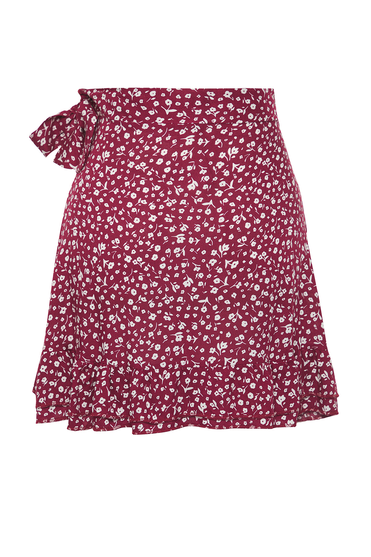 Trendyol Collection-Burgundy Floral Double Breasted Ruffled Viscose Summer Mini Skirt Twoss25Et00186 6