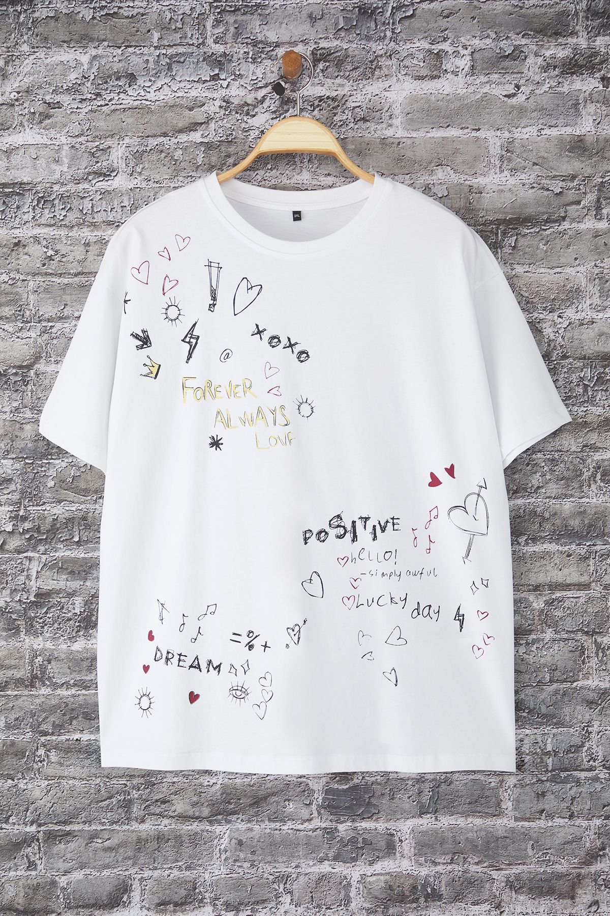 Trendyol Curve-Μπλουζάκι με λευκό εμπριμέ Oversize Fit Large Size TBBSS25BF00072 5