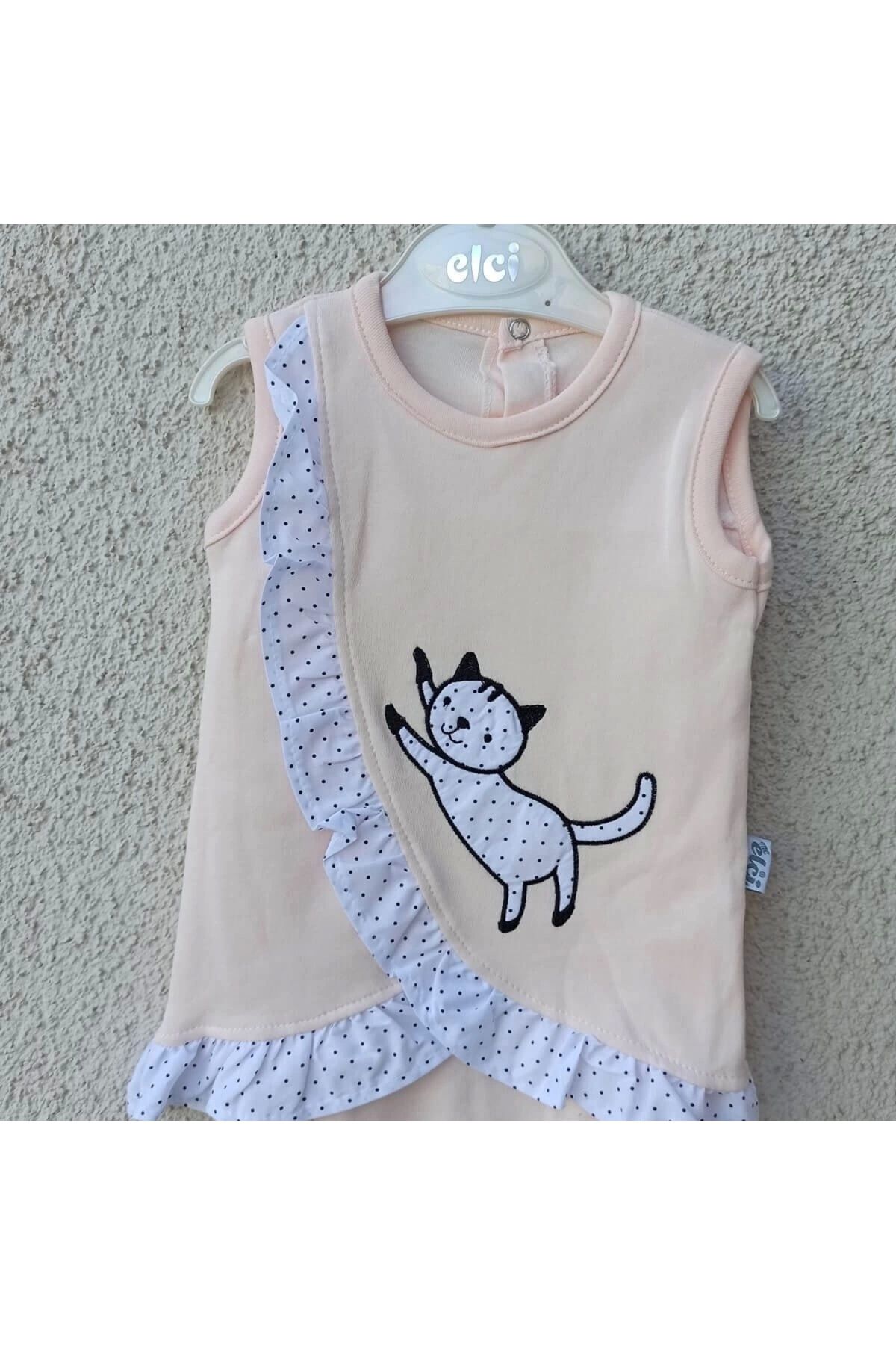 Elci Baby 3-9 Ay Kız Bebek Badi Kedili Fırfırlı Bandanalı Somon