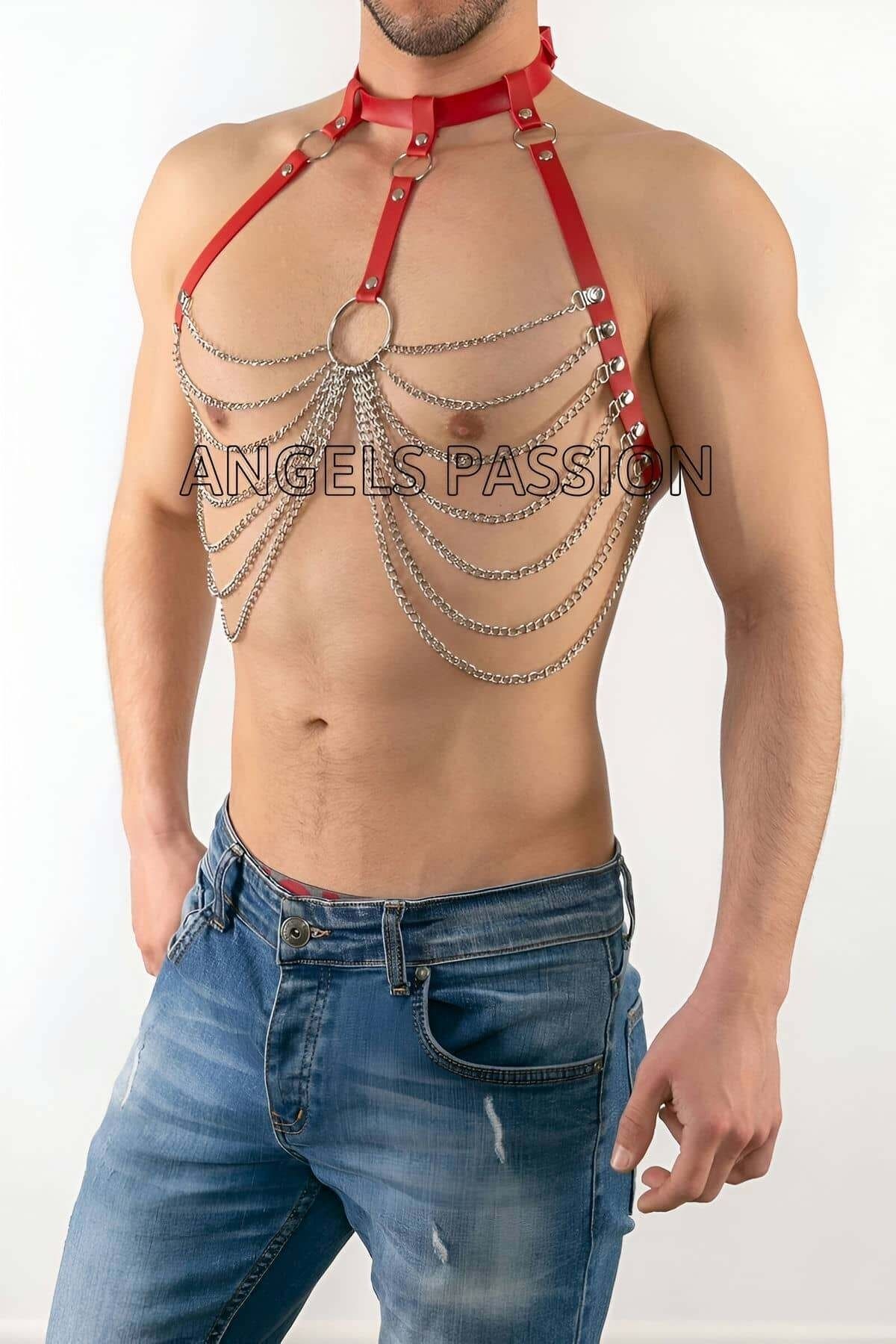 Drop Deposu-Men's Leather Chest Harness with Chain, Men's Harness with Chain - Brfm74-K1 3