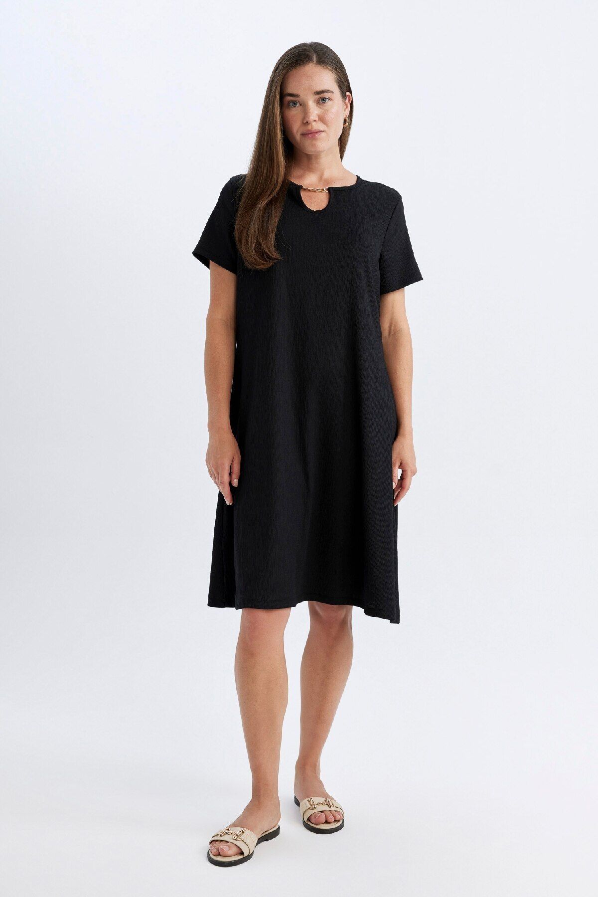 Regular Fit Apaş Yaka Basic Düz Bürümcük Kısa Kollu Midi Elbise D3834ax24sm